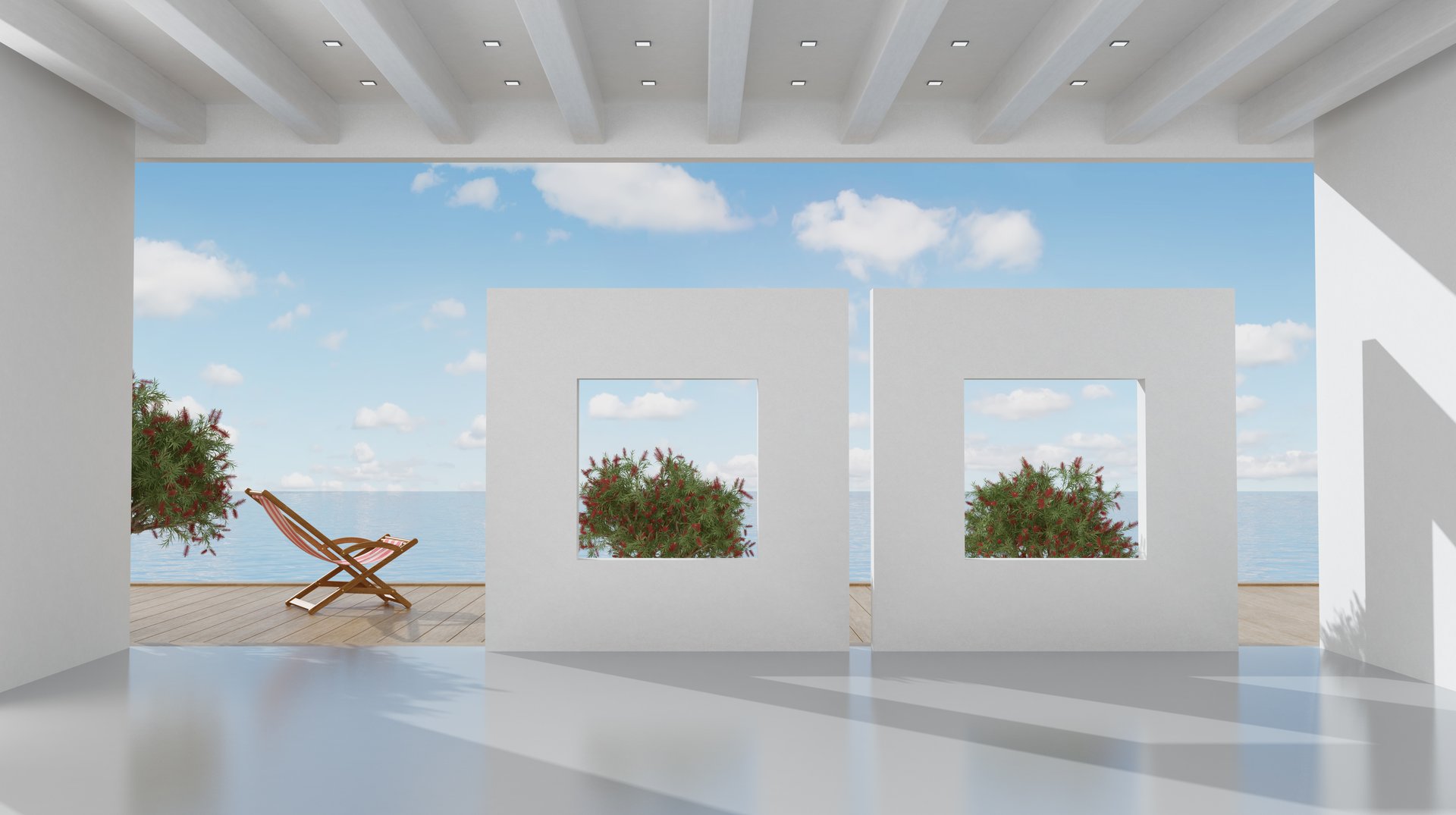 Open contemporary terrace with deck chair, overlooking serene ocean and clear skies - 3d rendering