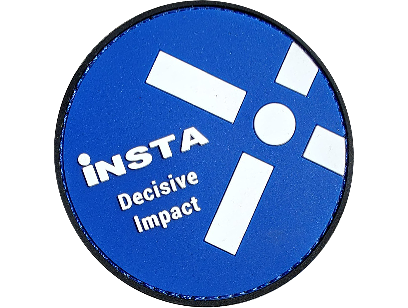 Blue patch with a white geometric design, the word Insta, and the phrase Decisive Impact in white text.