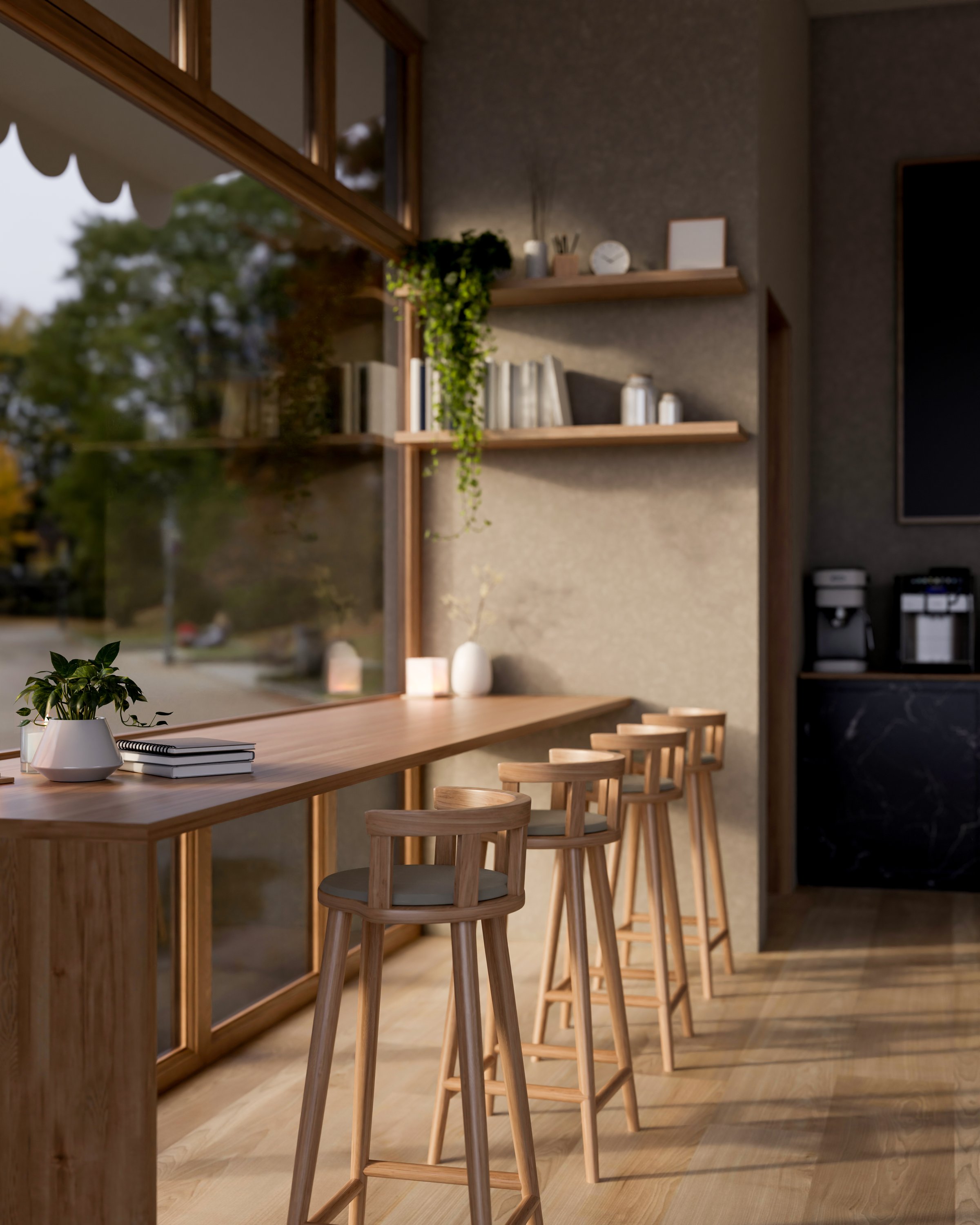 The interior of a contemporary, cozy coffee shop cafe features a long wooden table with stools placed by the window, bathed in warm sunlight. 3d render, 3d illustration