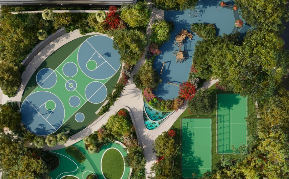 Aerial view of a landscaped park with multiple sports courts, including basketball, tennis, and mini-golf, surrounded by greenery.