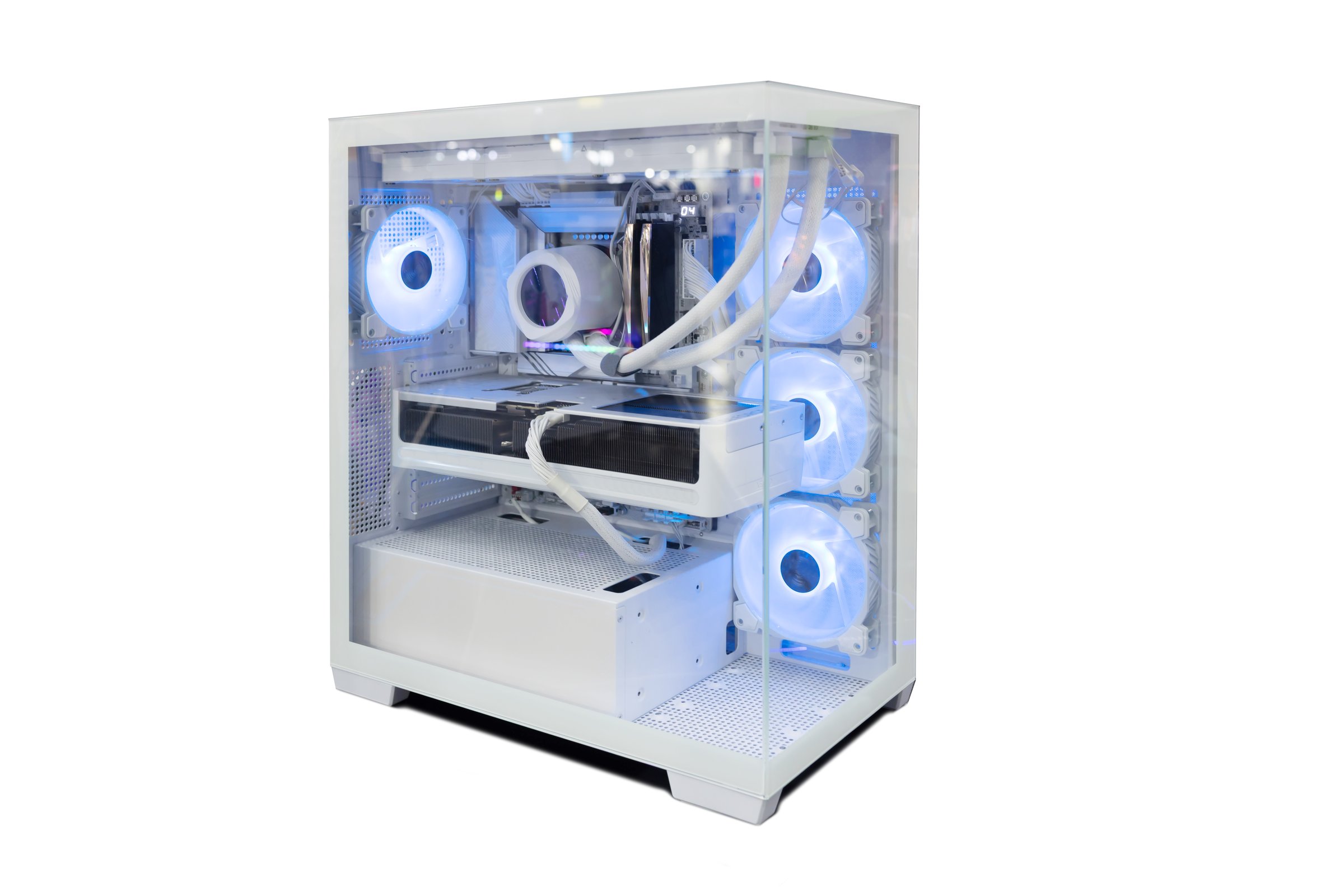 Isolated white destop computer middle size tower with blue LED RGB light on white background