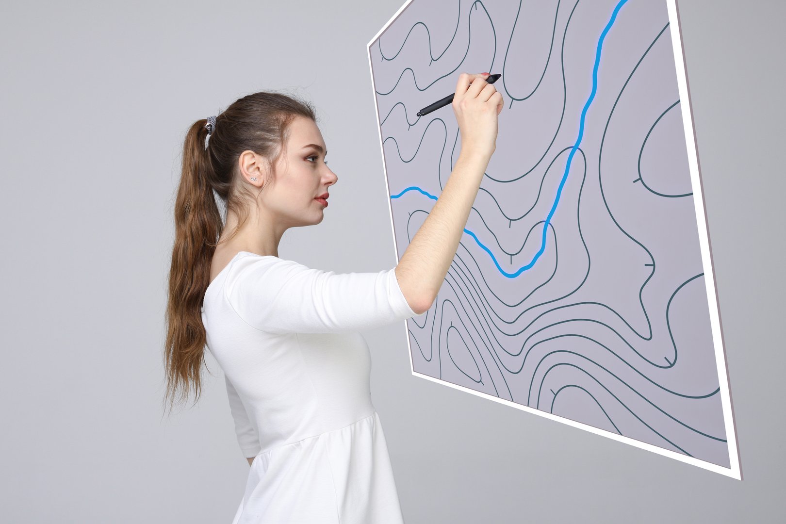 Geographic information systems concept, woman scientist working with futuristic interface in GIS software on a transparent screen.