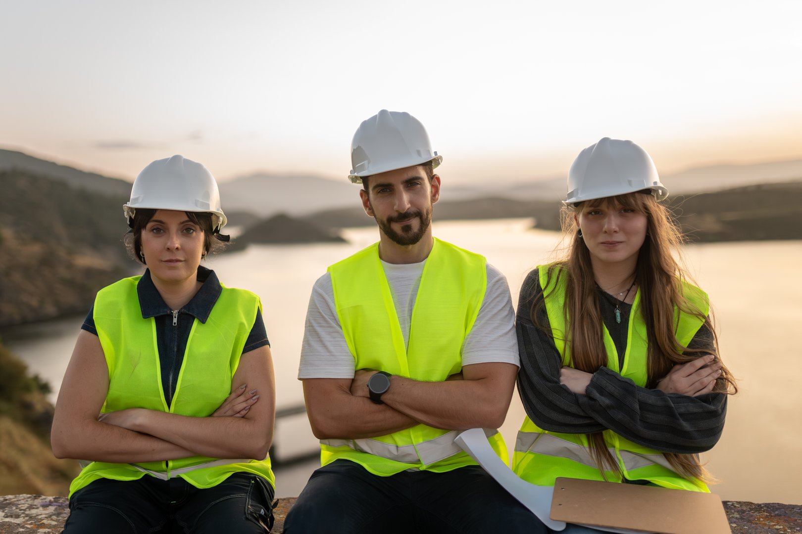 Three engineers with arms crossed, confidently gazing at the camera during a vibrant sunset at a dam construction site