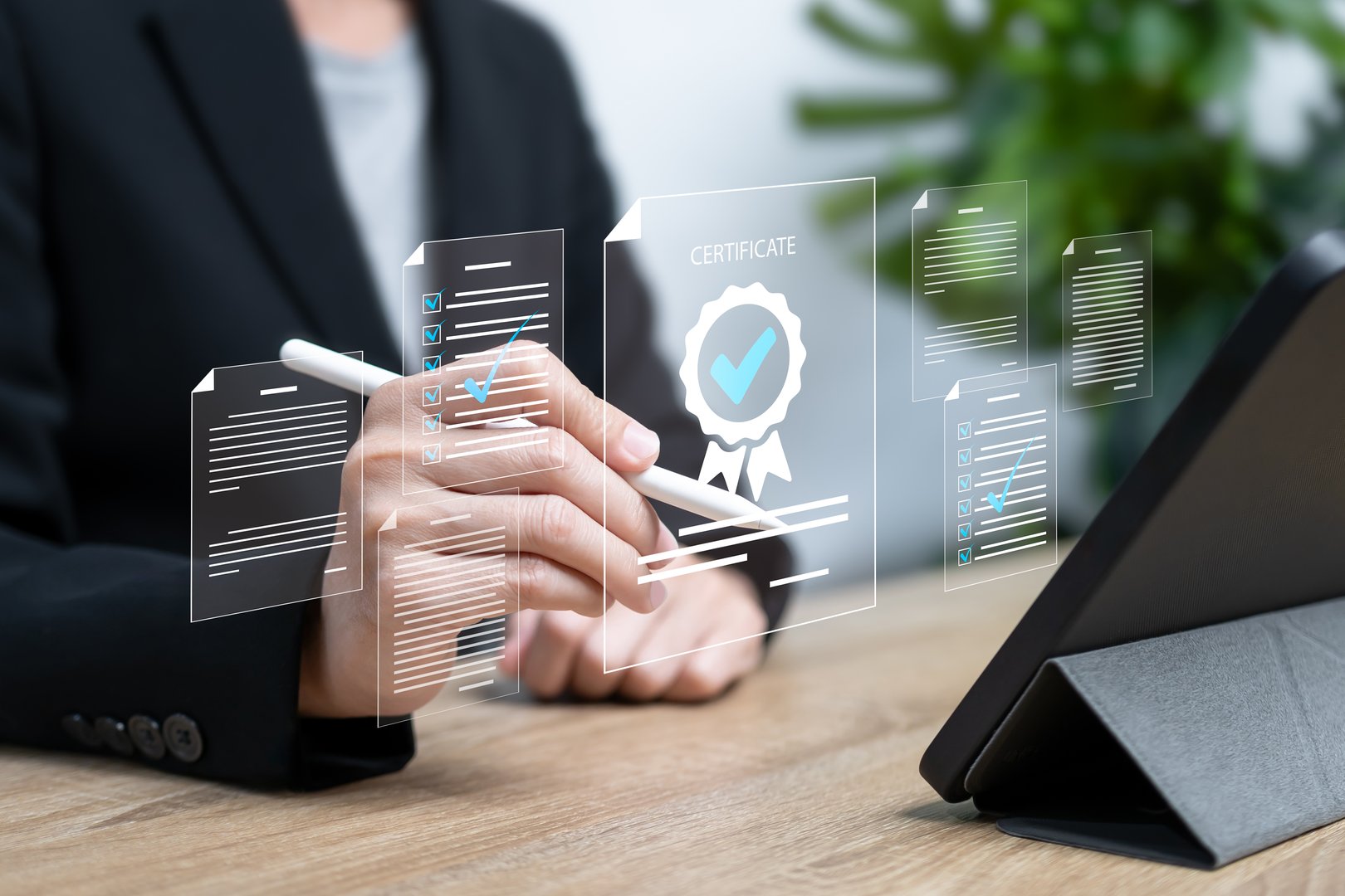 Certificate document, Quality control concept, Businesswomen approved certificate document online, Exam international standard, Checklist document analyst target marketing plan assignment with quality