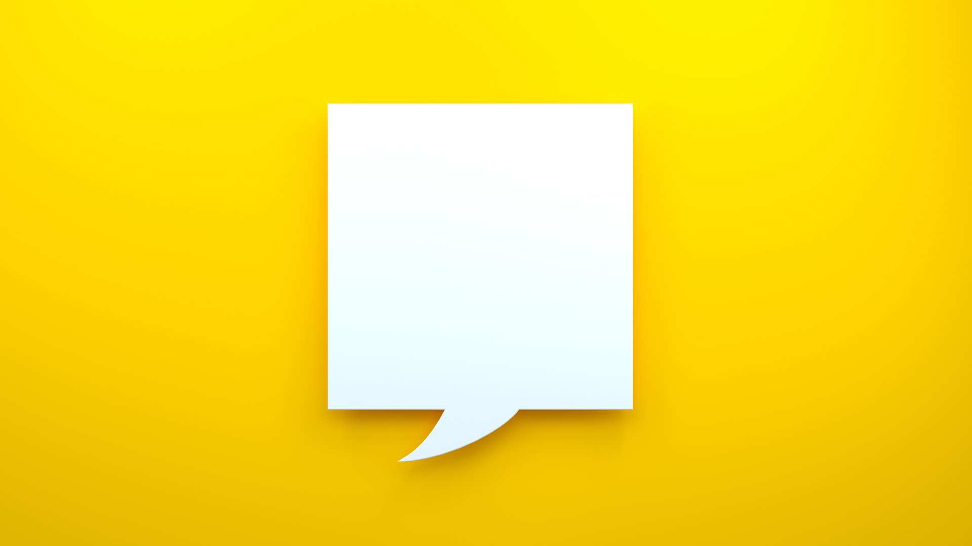 A minimalist 3D rendering featuring a square-shaped speech bubble on a bright yellow background, created with a cutout paper design. The clean lines and simplicity emphasize communication, conversation, and modern design elements. The vibrant yellow background adds warmth and energy, making the speech bubble stand out as a symbol of dialogue and interaction.