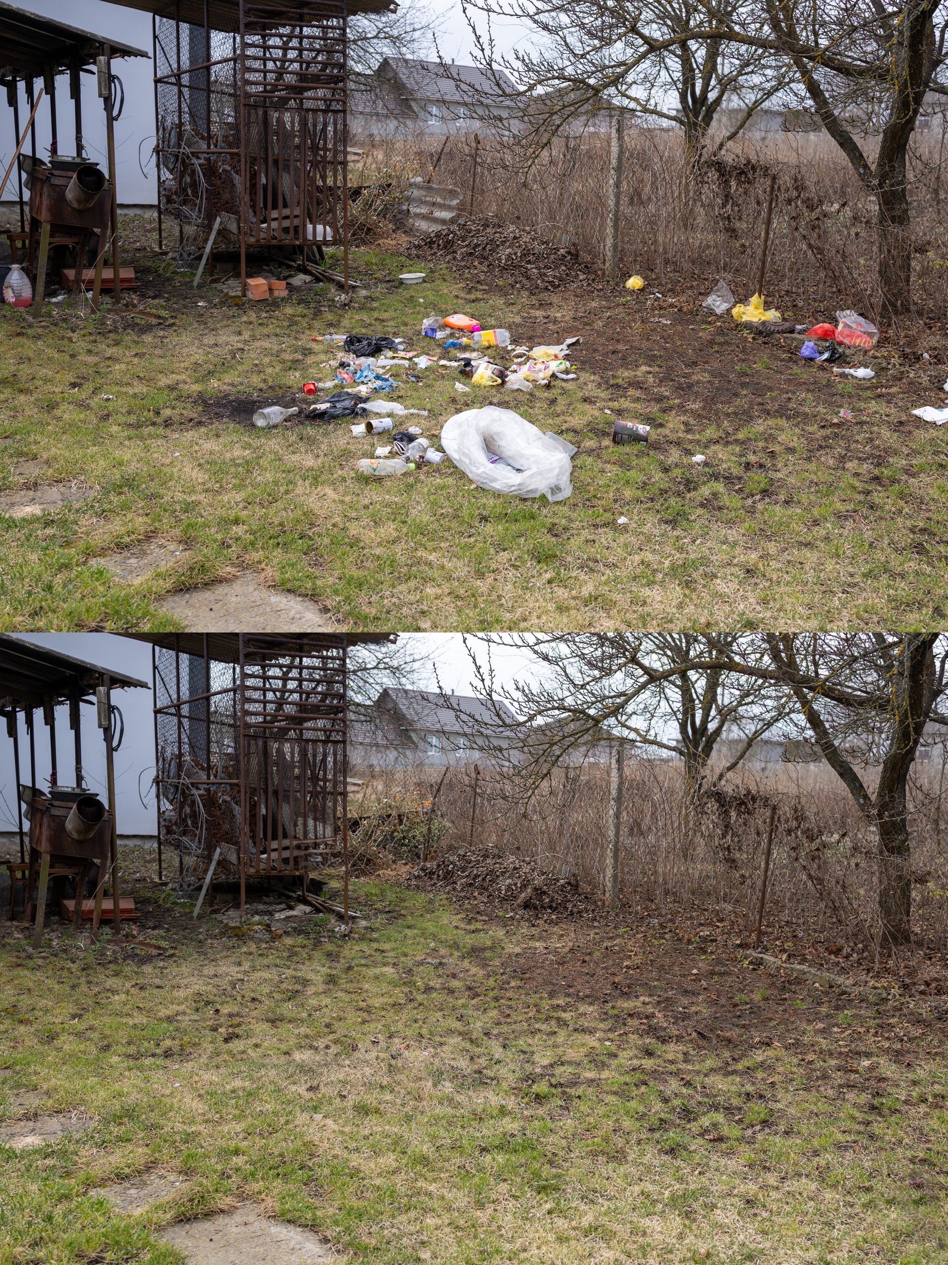 Yard full of trash before cleanup