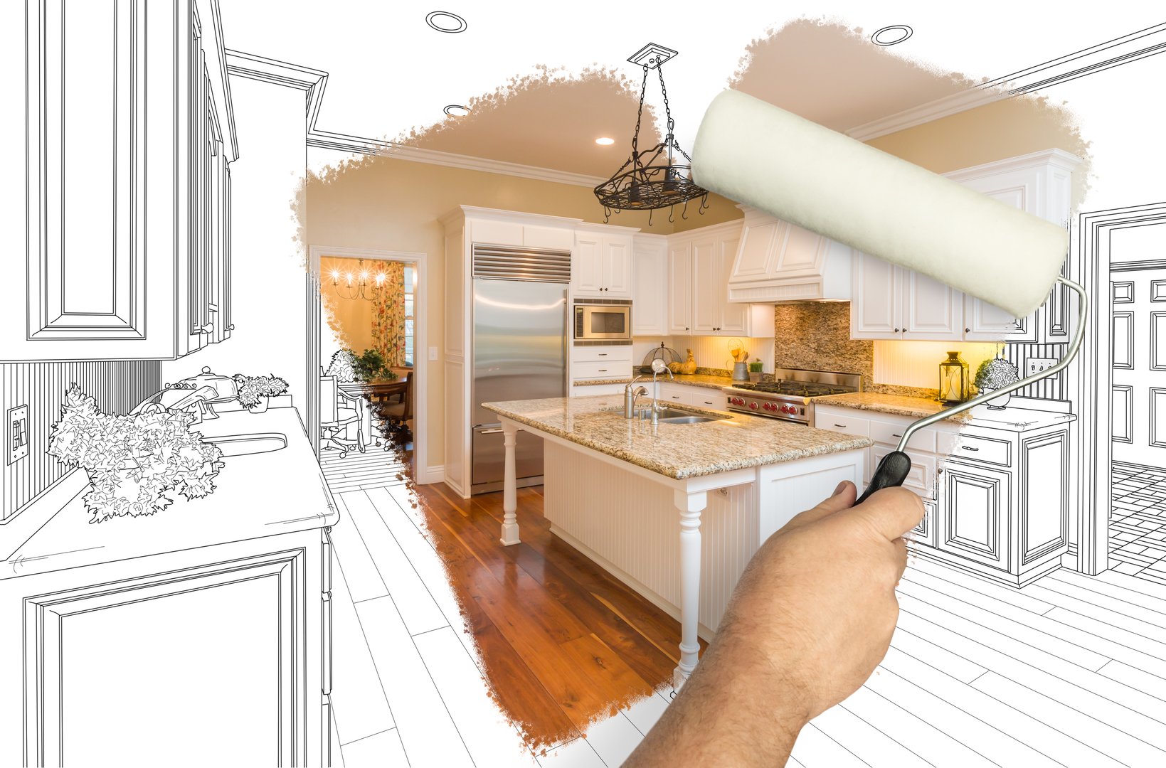 Before and After of Man Painting Roller to Reveal Newly Remodeled Kitchen Under Pencil Drawing Plans.