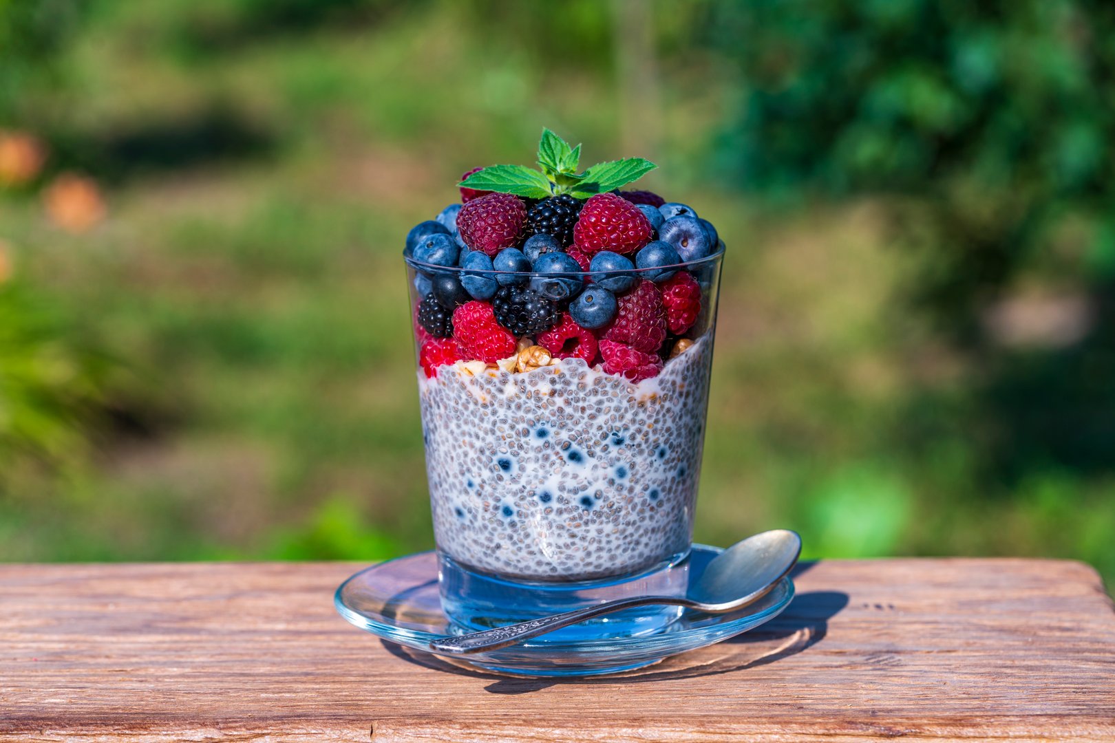 Healthy chia pudding in a glass with fresh berries on nature background, close up, copy space. Chia seeds in coconut milk with raspberries, blueberries and blackberries for breakfast on a wooden table