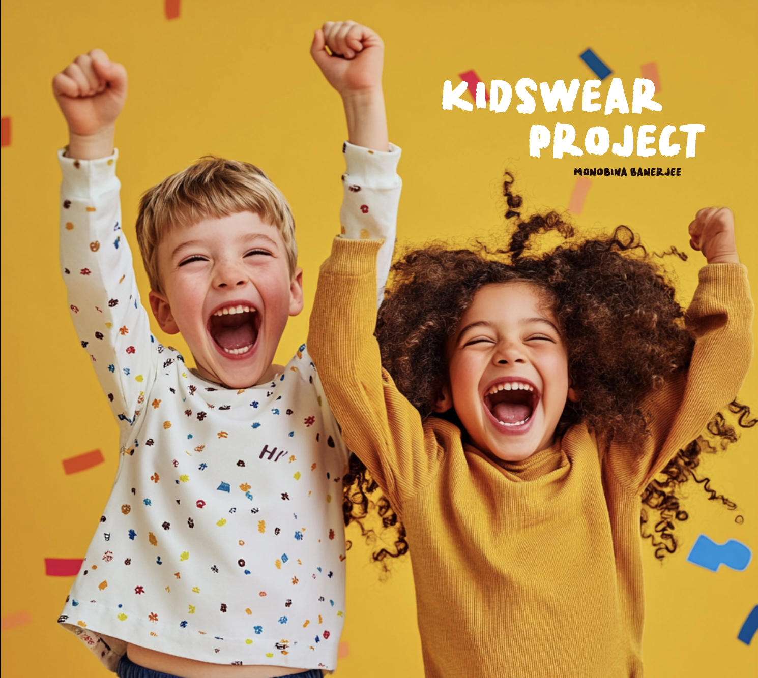 Two excited children in colorful clothes celebrating against a yellow background with confetti, text reads 'Kidswear Project.'