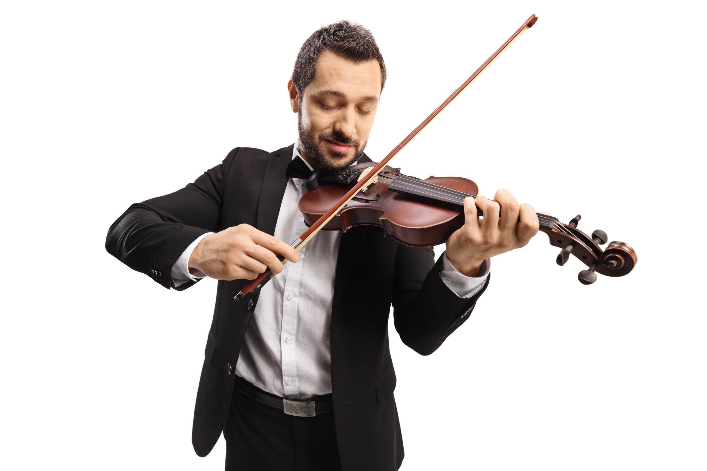 Close up shot of a smiling elegant man playing a violin isolated on white background