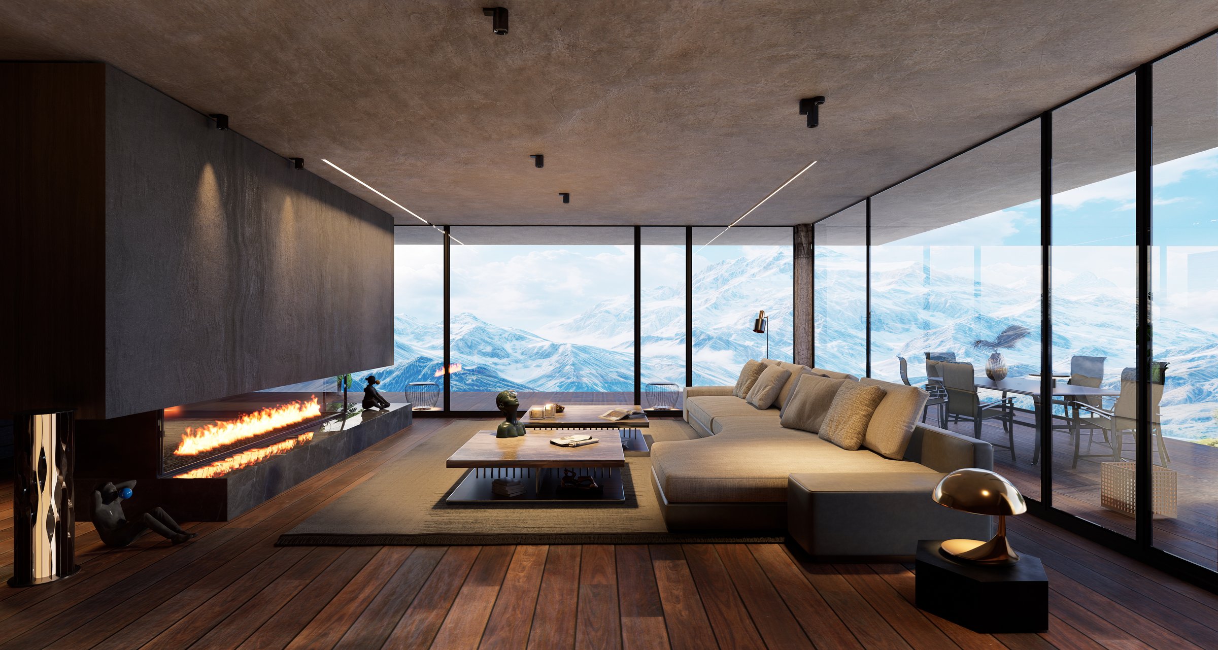3D illustration of an elegant chalet interior with snowy mountain view. CoZy living room with fireplace and decor furniture.