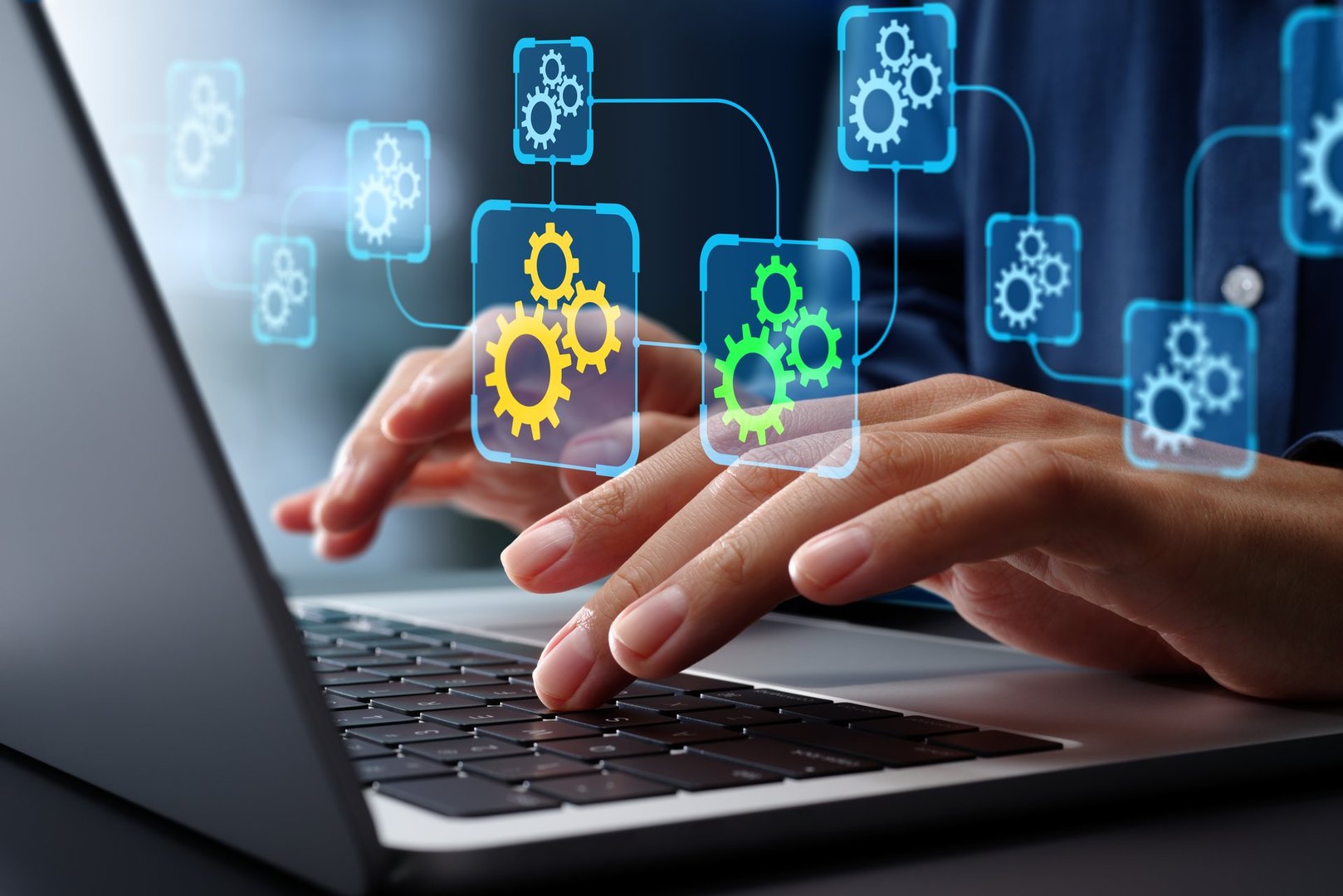 API automation and data transfer through system integration. Business Process Automation BPA technologies. Engineer using laptop computer to manage automation tools.