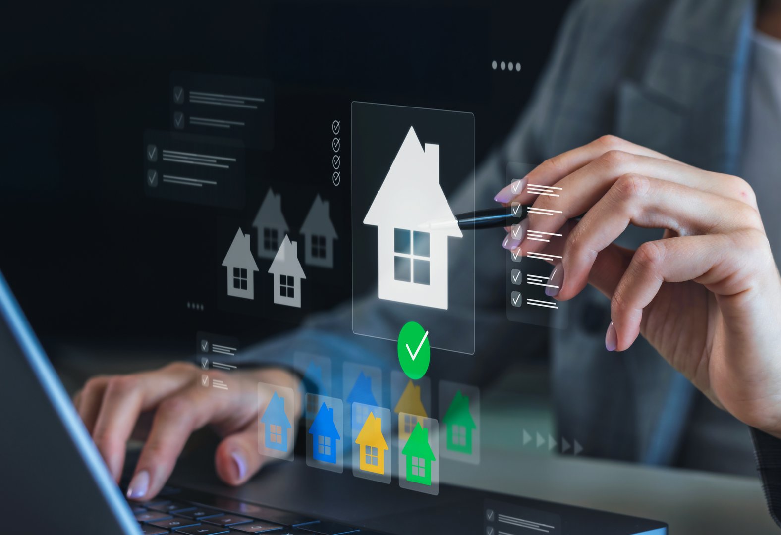 Businessperson using futuristic virtual interface to select real estate property for investment or online listing on digital platform