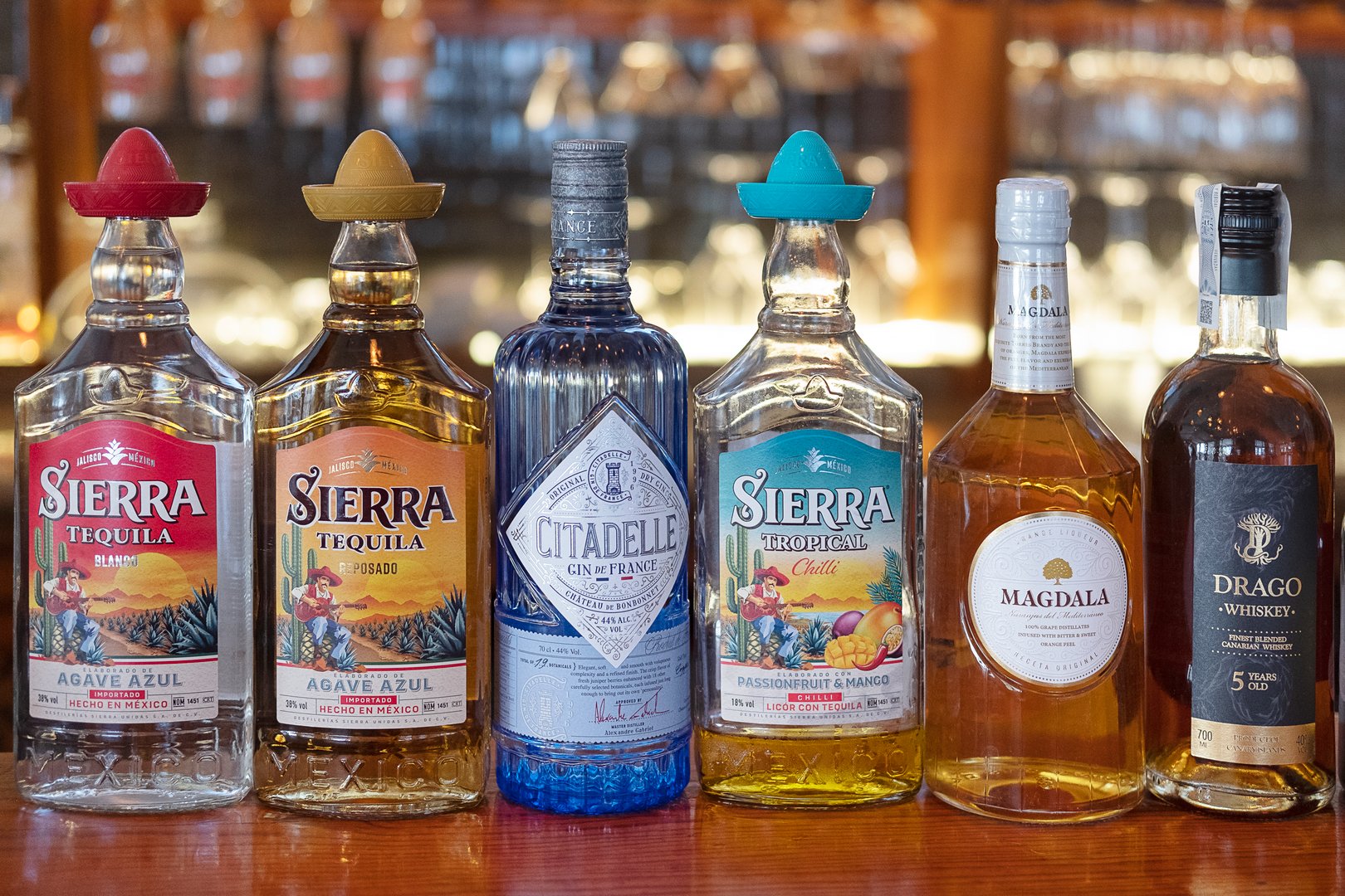 Premium spirits on bar counter