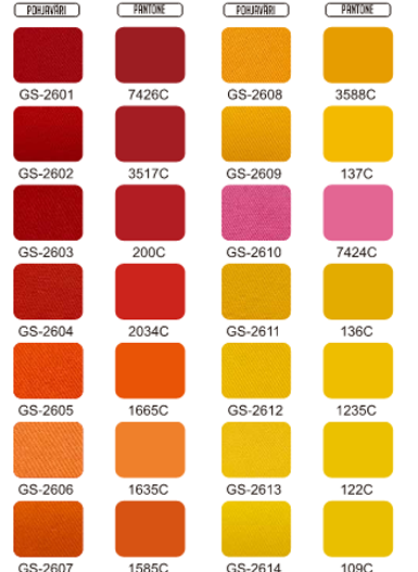 Pantone color chart with various shades of red, orange, and yellow, each labeled with a code and Pantone number.