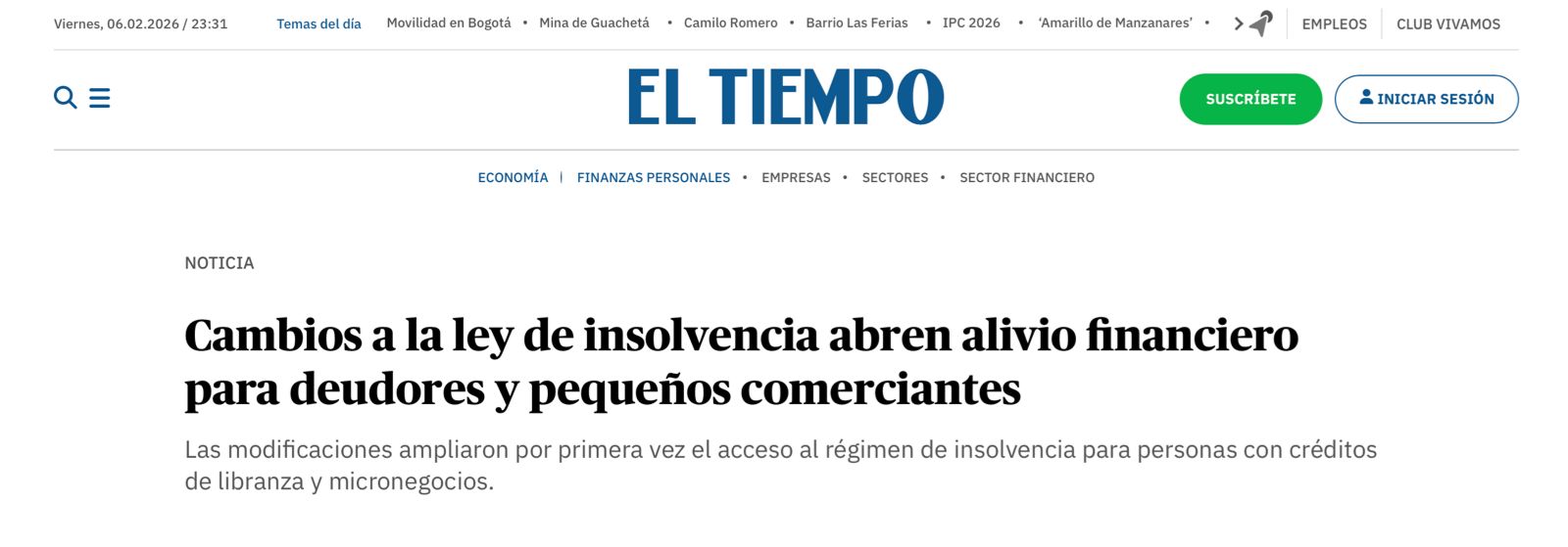 Captura de noticia - El Tiempo