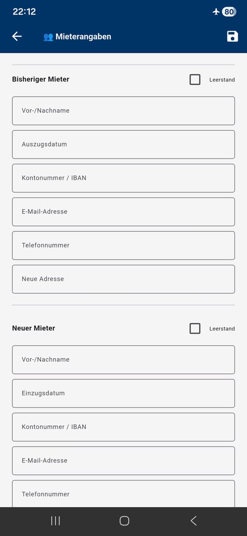 Wohnungsprotokoll App Screenshot - Mieterangaben erfassen