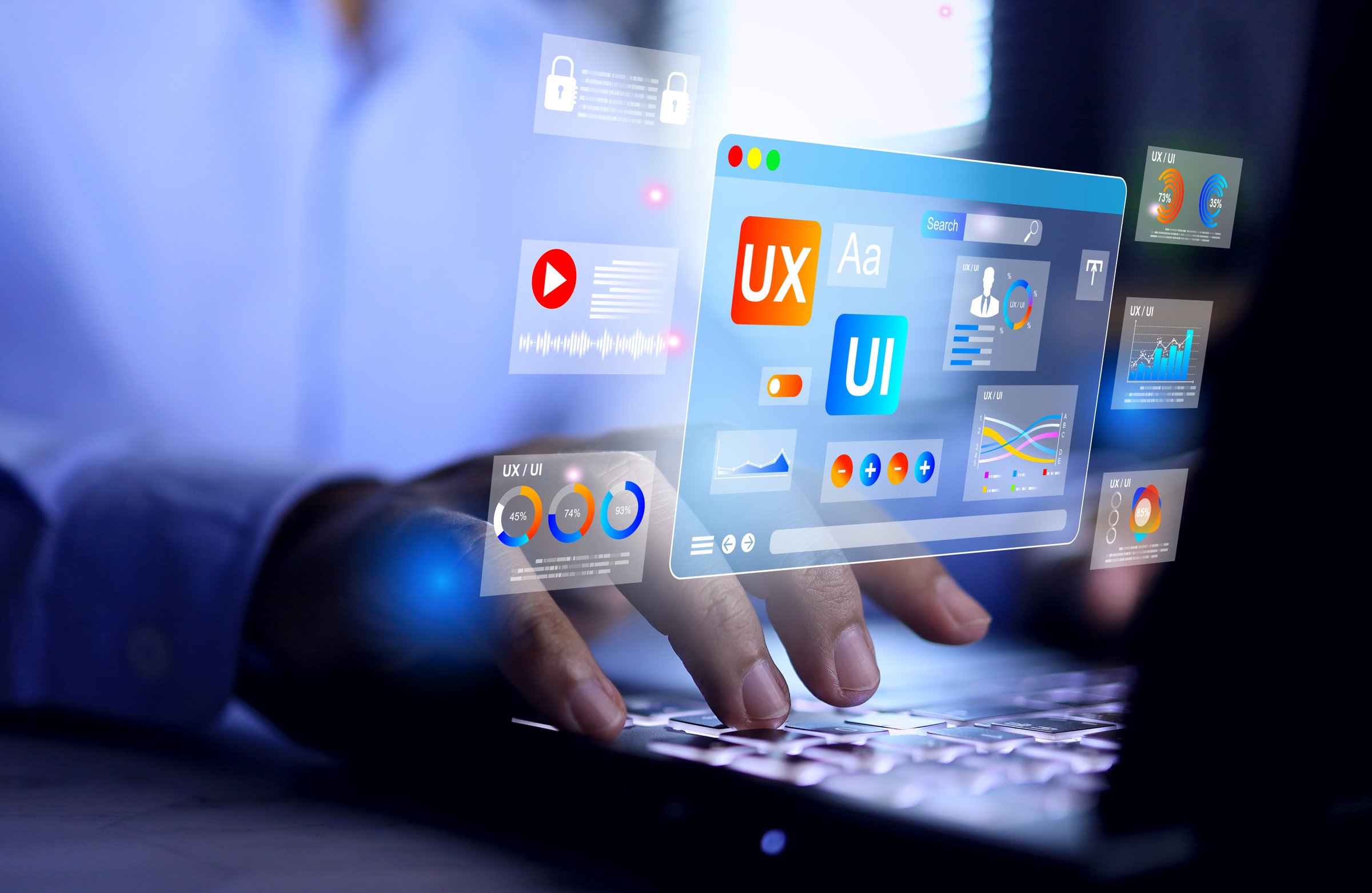 UX UI Design concept with designer find creative idea on laptop screen to design products or application and website interface design by marketing information needs of user experience