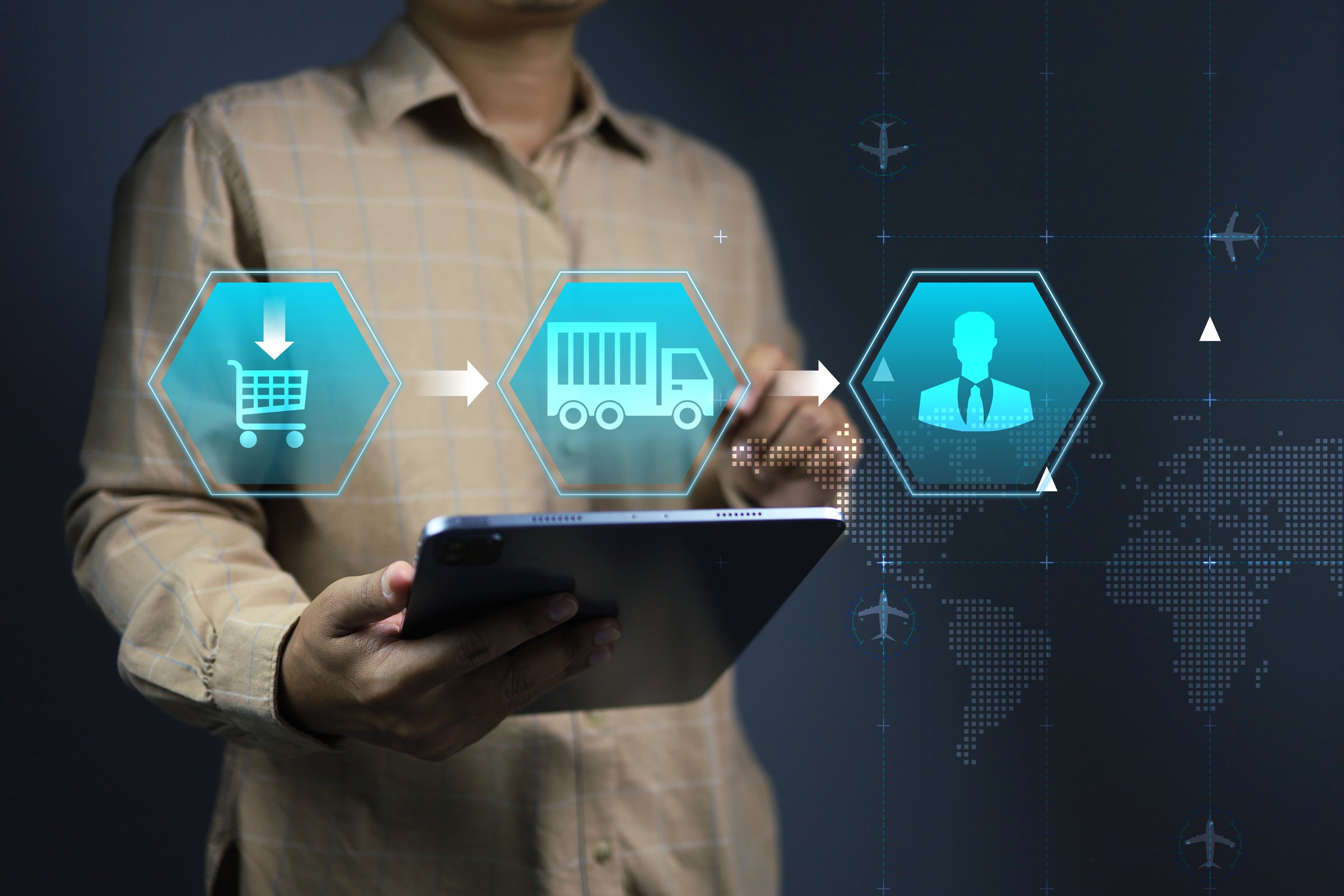 parcel tracking logistic concept with business person using tablet to tracking transportation route from seller to buyer destination