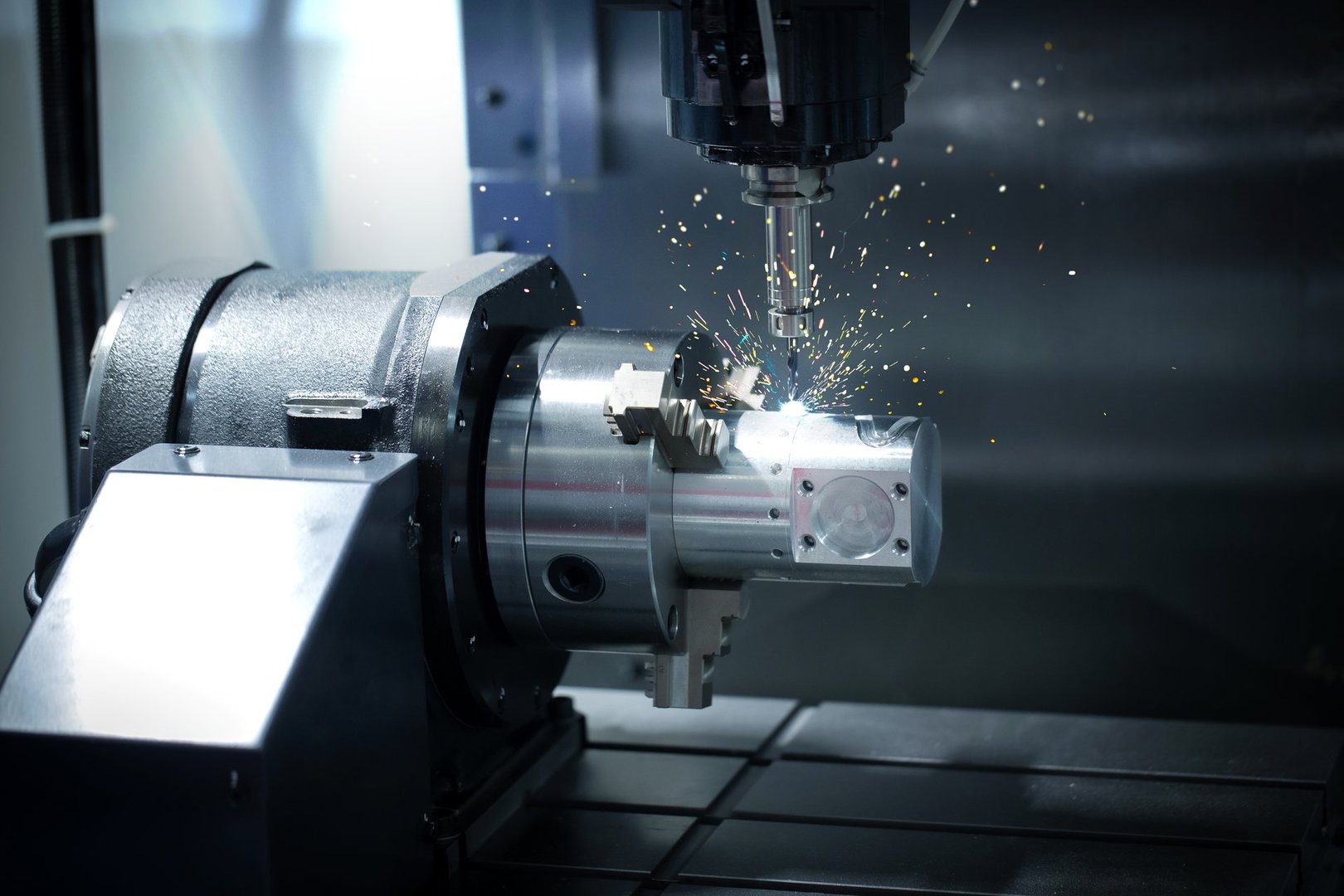 CNC Mechanical and technology industry 4.0. The process of turning with a cutting and milling tool the outer surface detail of the metalworking parts.