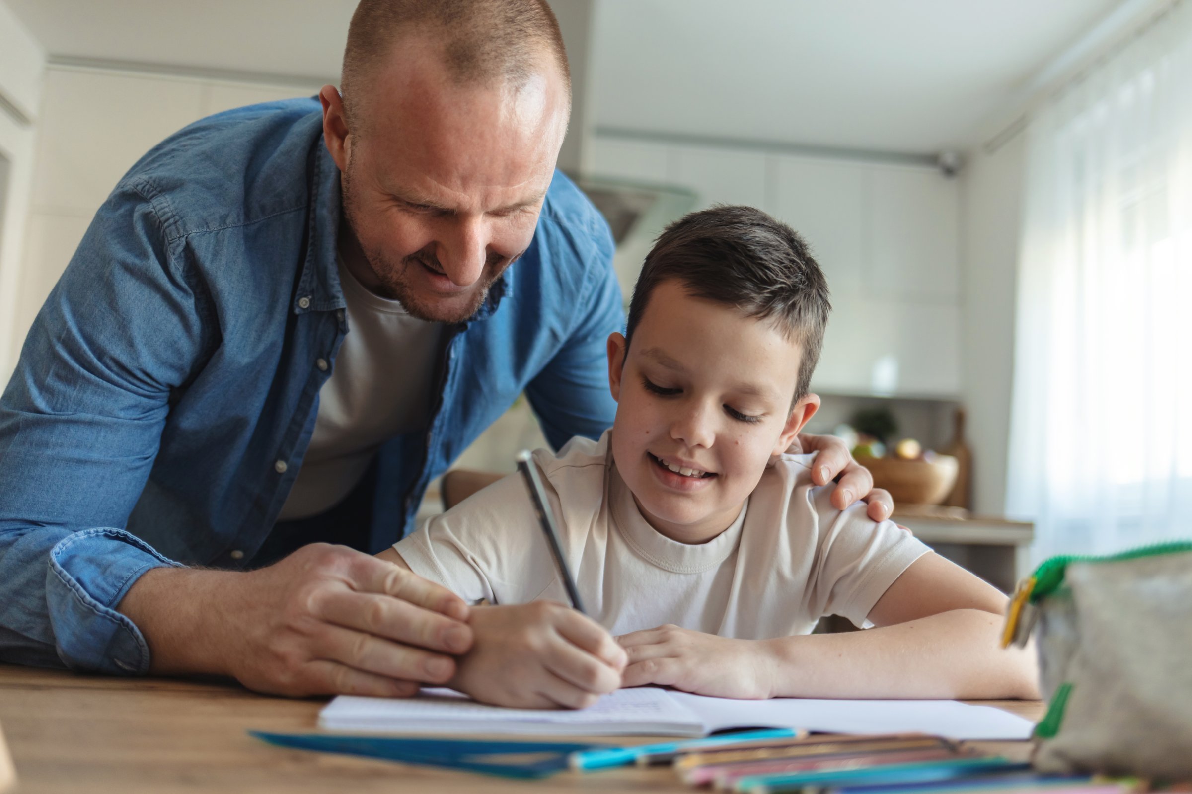 Learning, math education and father with child in home with book for studying, homework or homeschool.
