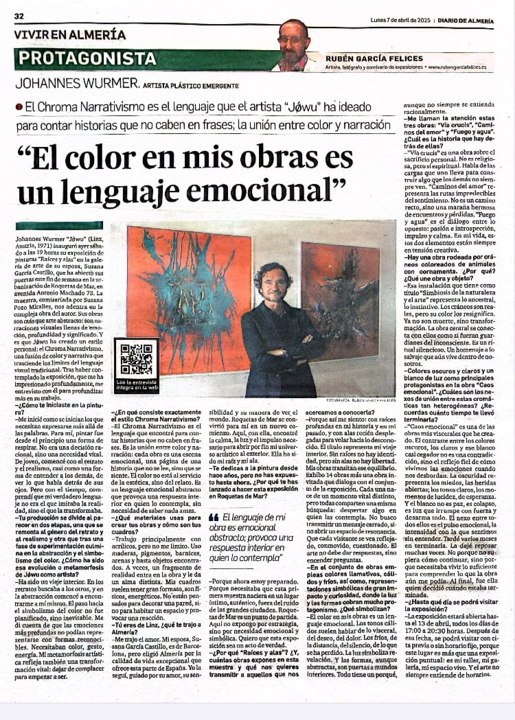Newspaper page featuring an article about artist Johannes Wurmer. Includes a photo of the artist and abstract artwork.