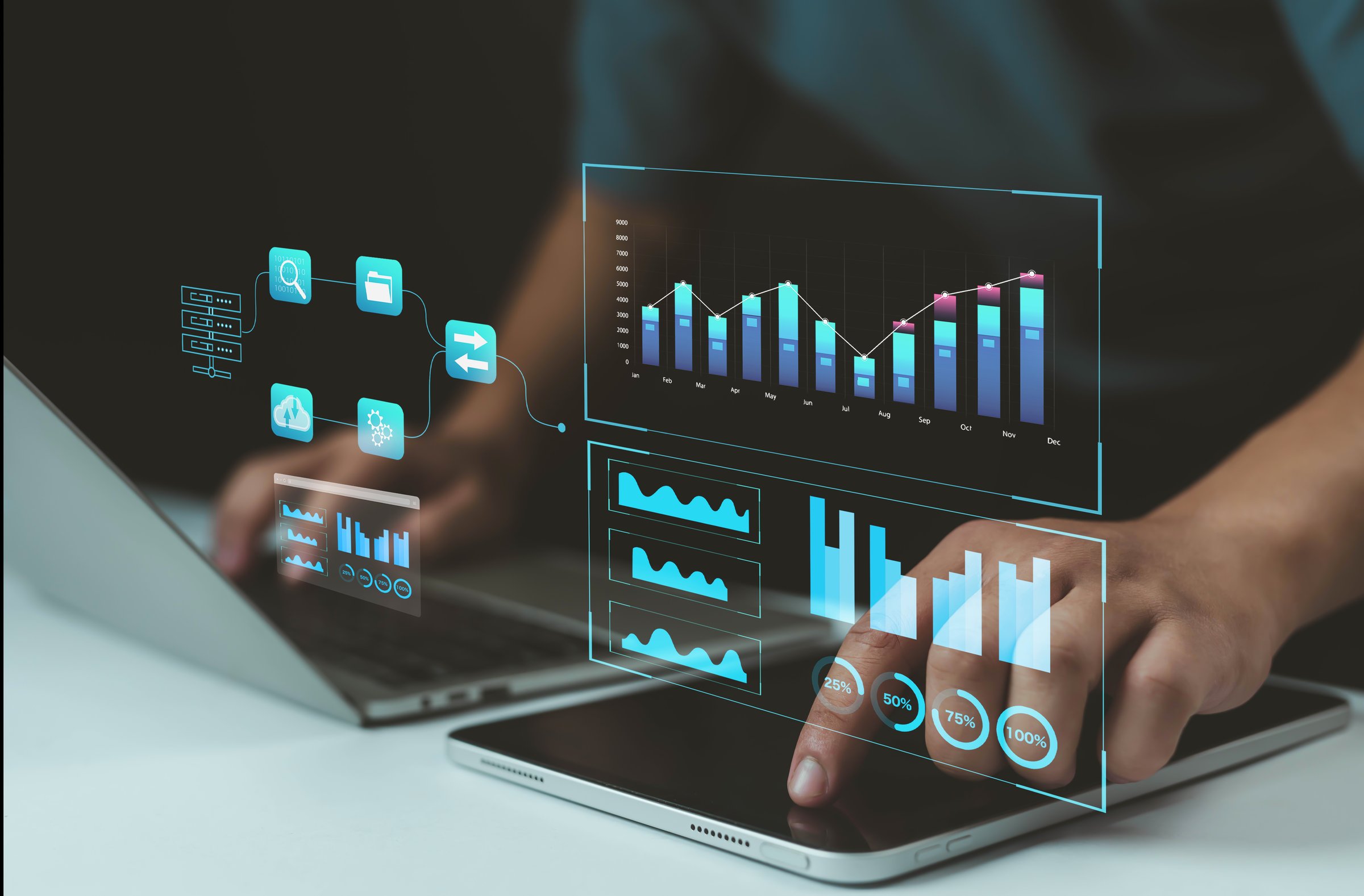 Businessman analyzing big data with digital dashboard on laptop and tablet, showing charts, graphs, and analytics for business intelligence and technology solutions technology office