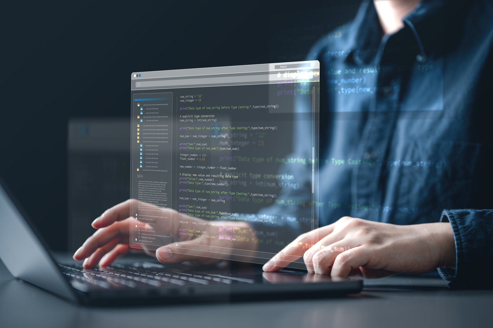 Software development business concept. Programmer coding computer. Developer programming web application technology. Software engineer. web developer. laptop typing coding project milestone.
