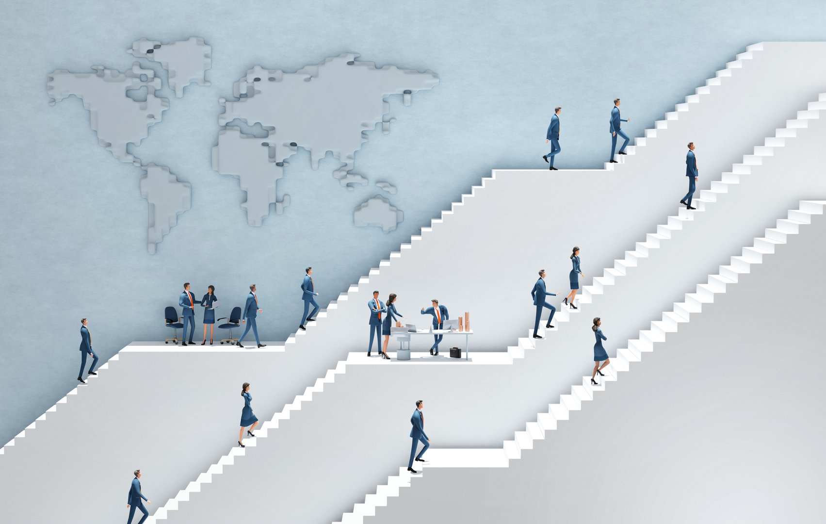 People work together in international company. Business people in an environment with white stairs representing career, business, start up, professional perspectives. 3D rendering illustration