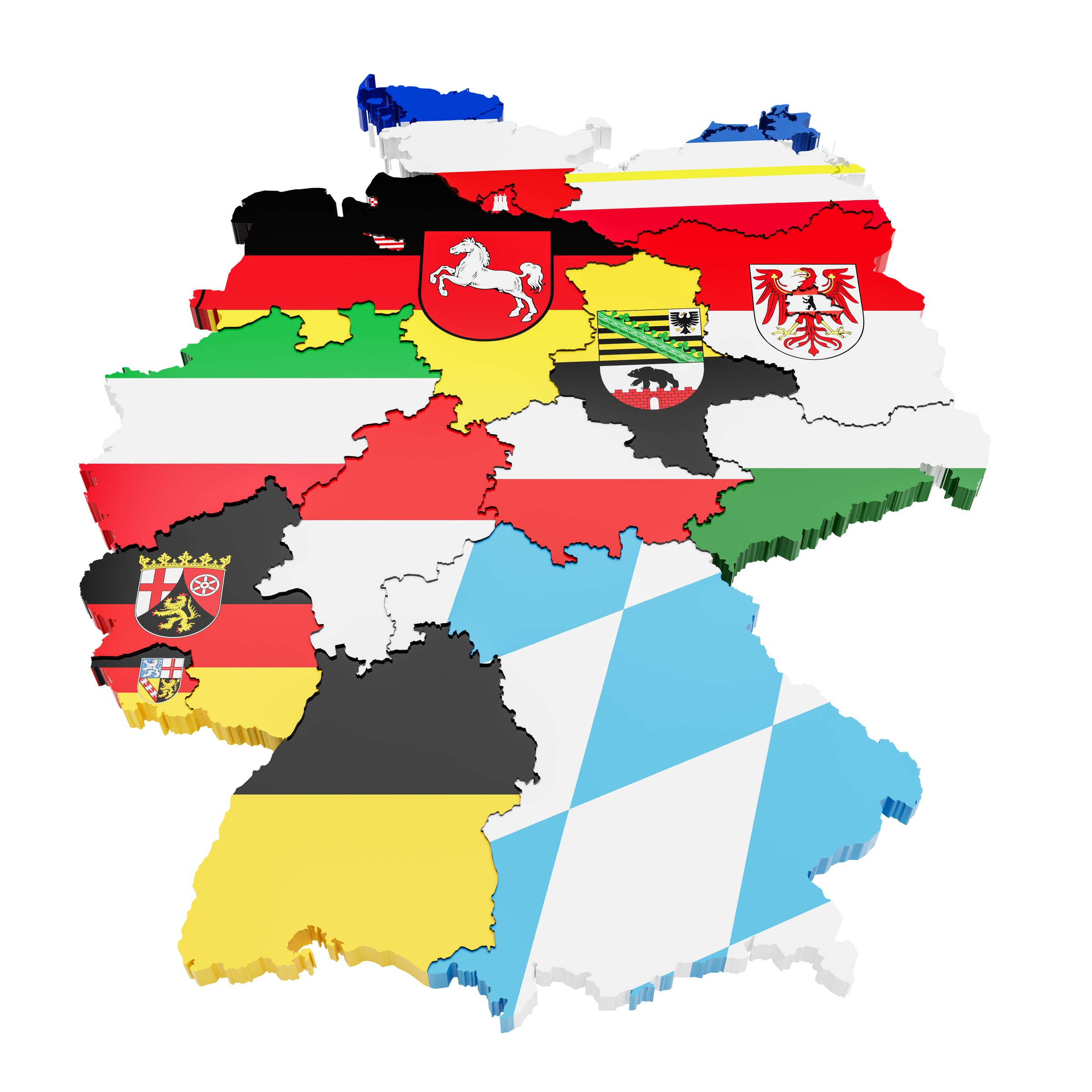 Germany and all its states colored according to the respective flags. Isolated on pure white background for better separation.