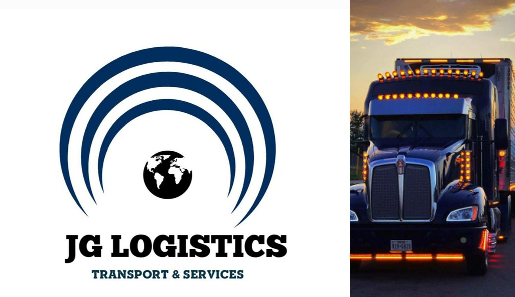 JG Logistics logo with globe, arcs, and text, next to a black semi-truck with bright lights on a dark road.