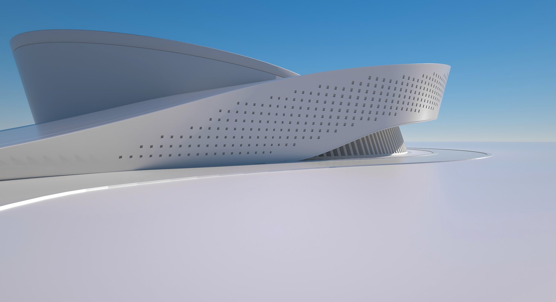 A futuristic and minimalist architectural interior design. The image features flowing lines, smooth surfaces, and soft light creating an ethereal and spacious atmosphere. Abstract forms and geometric shapes are combined, with a focus on clean lines and reflection, giving a sense of vastness and innovation.
