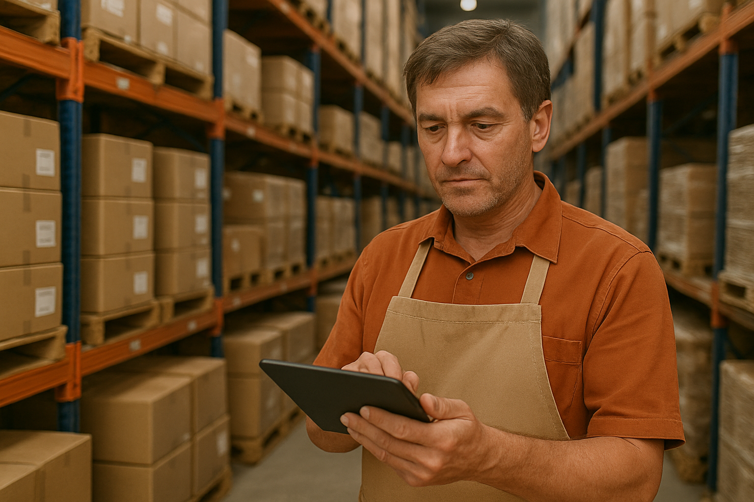 Man in an apron using a tablet in a warehouse lined with shelves of cardboard boxes.