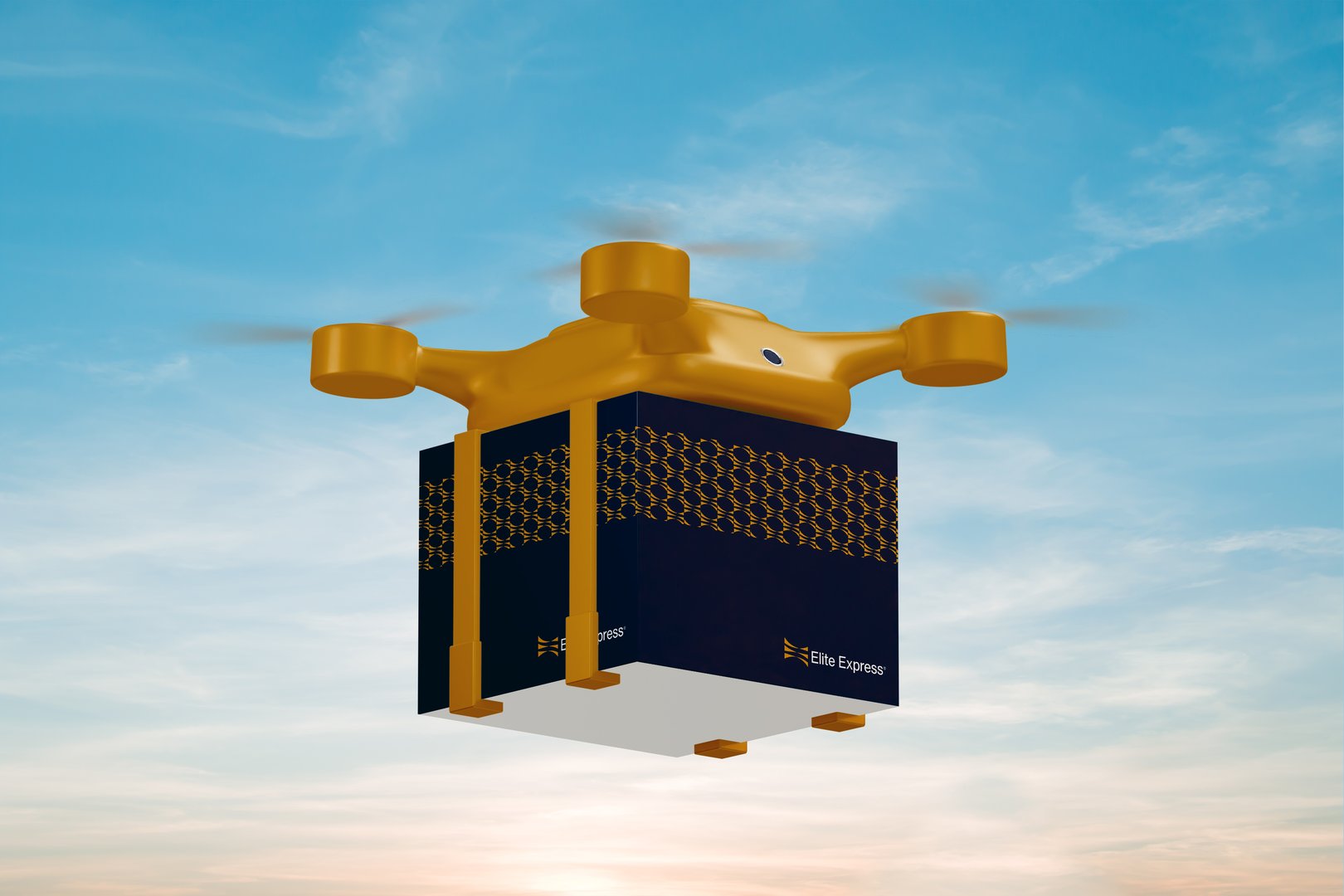 A yellow drone delivering a black and white package labeled "Elite Express" against a blue sky with clouds.