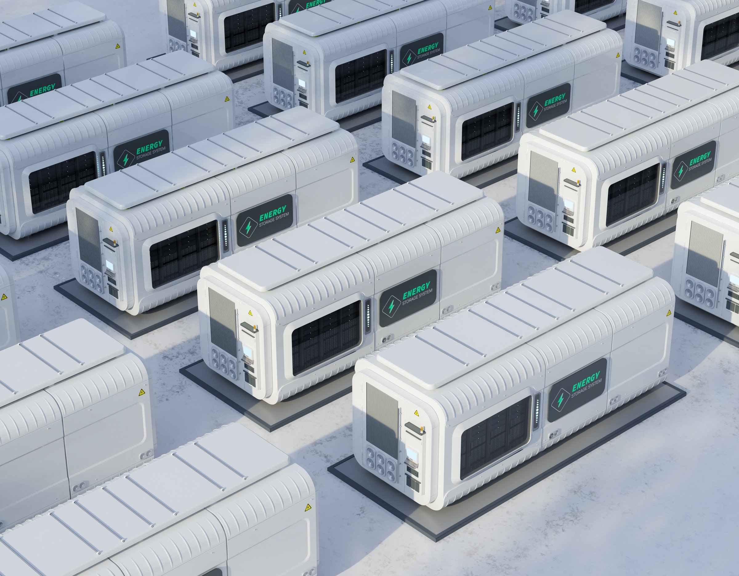 3d rendering amount of energy storage systems or battery container units in factory
