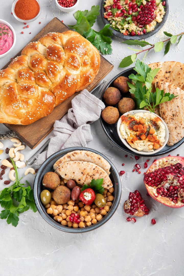 Jewish food on light background. Traditional food concept. Flat lay, top view, copy space