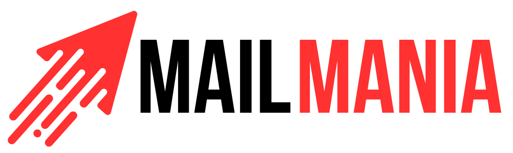 Mail Mania logo with a stylized red rocket icon on the left and bold black and red text.