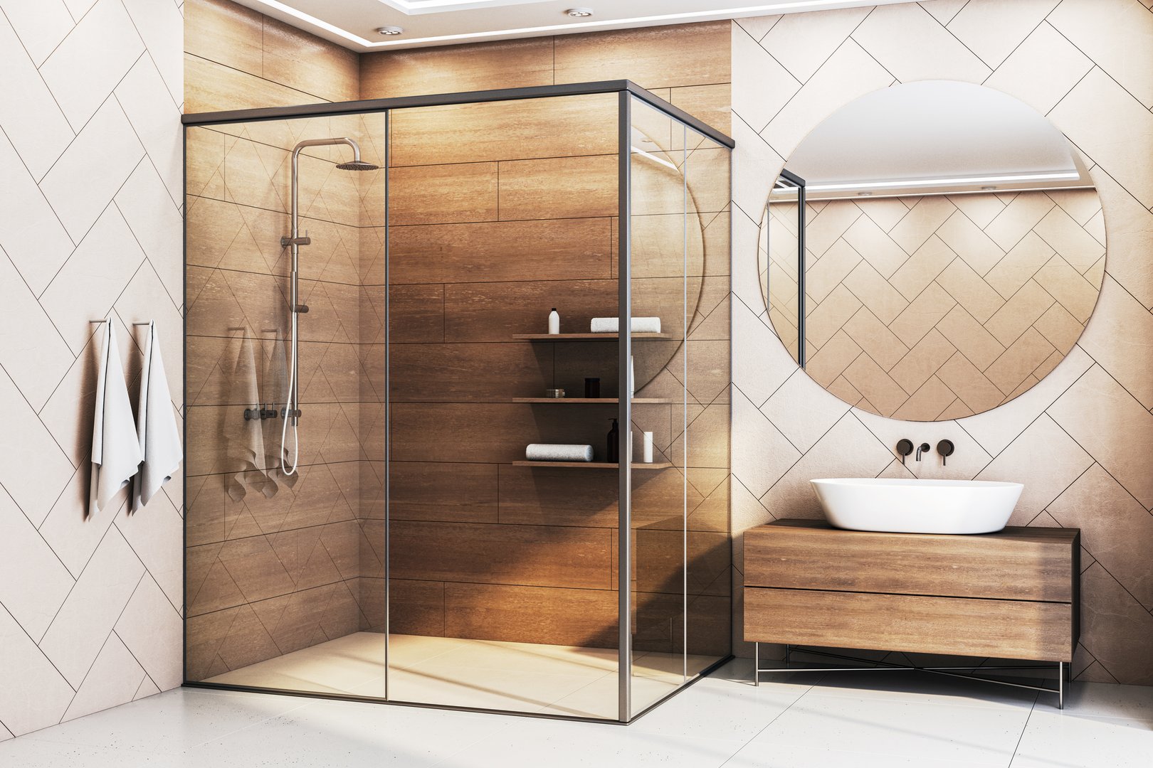 Modern bathroom interior featuring a glass partition, wooden tiles, light walls, and a minimalist sink. Concept of stylish home design. 3D Rendering.