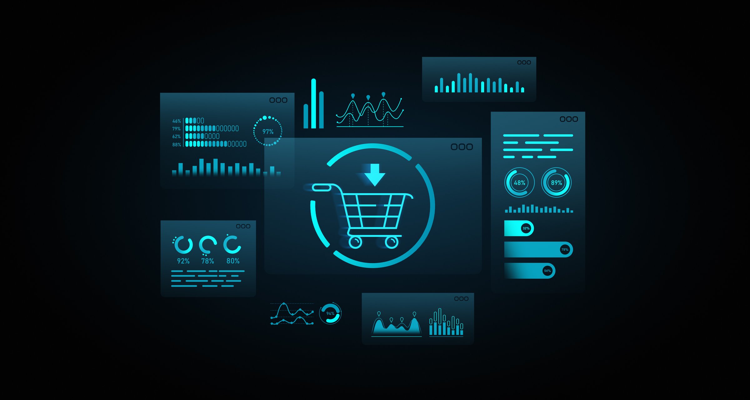 Shopping cart icon with data visualizations in neon blue graphic style onbackground. Concept of online shopping analytics. 3D Rendering