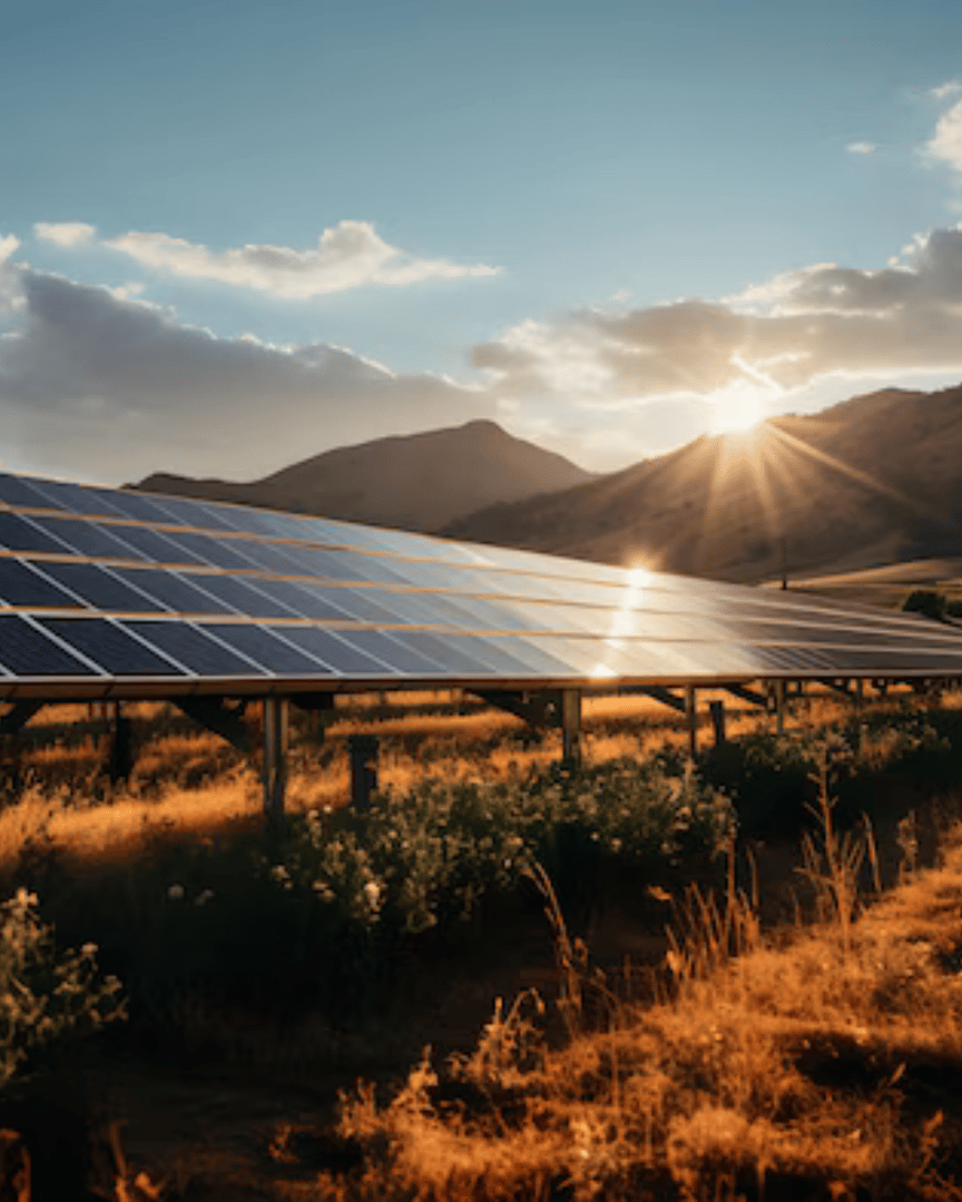 Solar panels in a field at sunset with mountains in the background, capturing sunlight and set against a partly cloudy sky.
