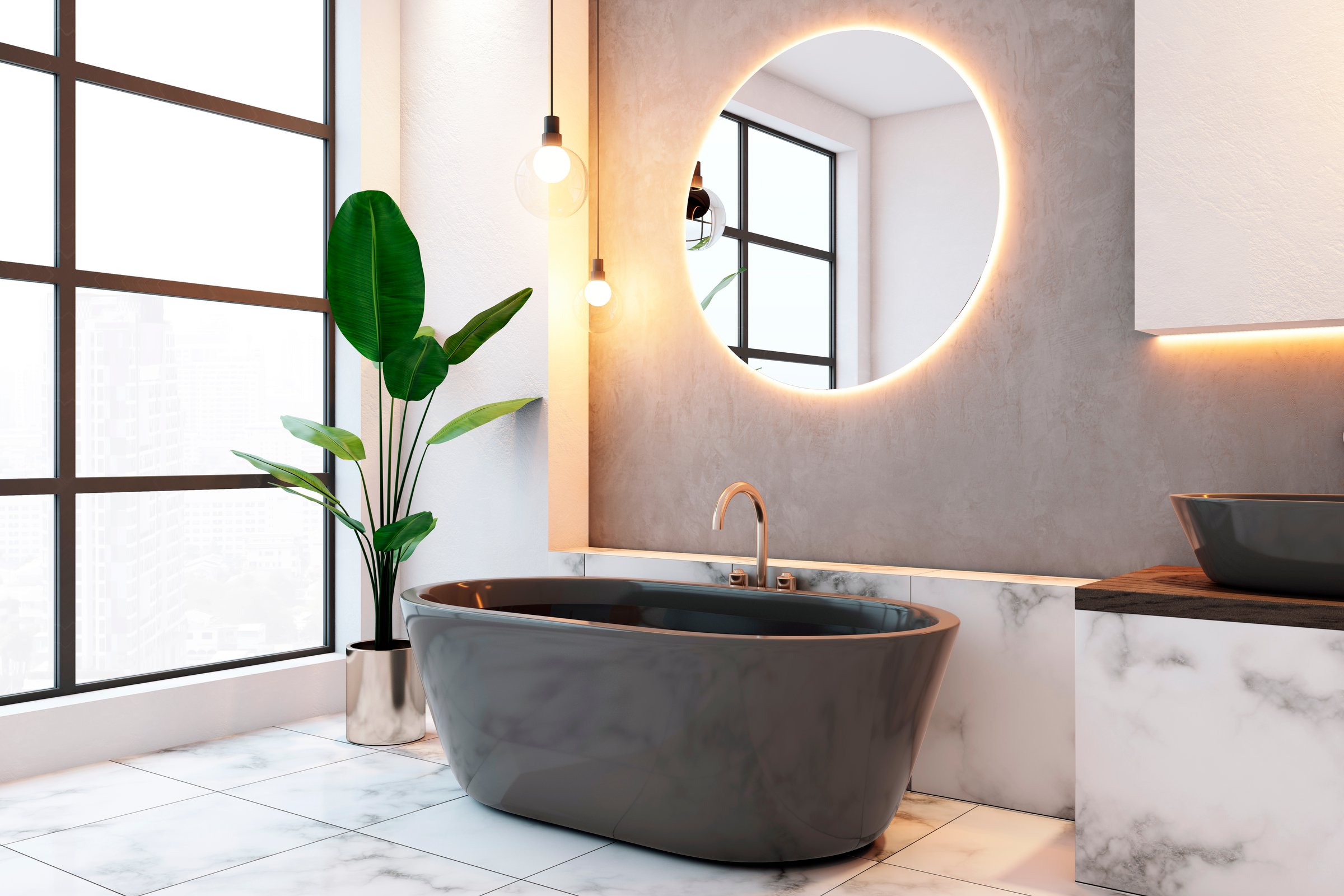 Modern bathroom featuring a round mirror with backlighting, black bathtub, indoor plant, and marble tiles. Daytime city view background. 3D Rendering