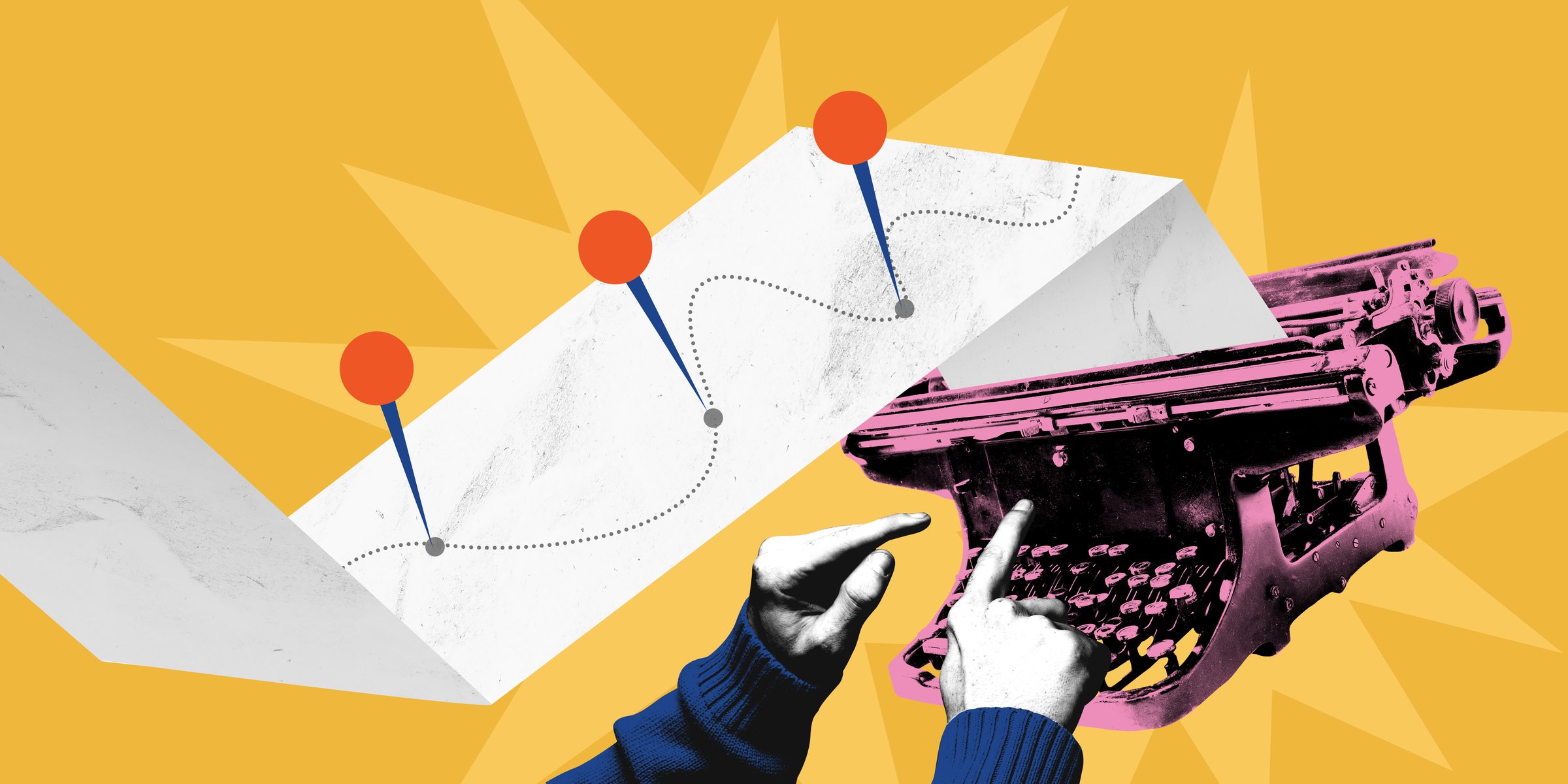 Contemporary art collage. Paper unfolds with mapped journey marked by orange dots and path points. Hands on typewriter suggest active role in shaping story. Concept of content, social media.