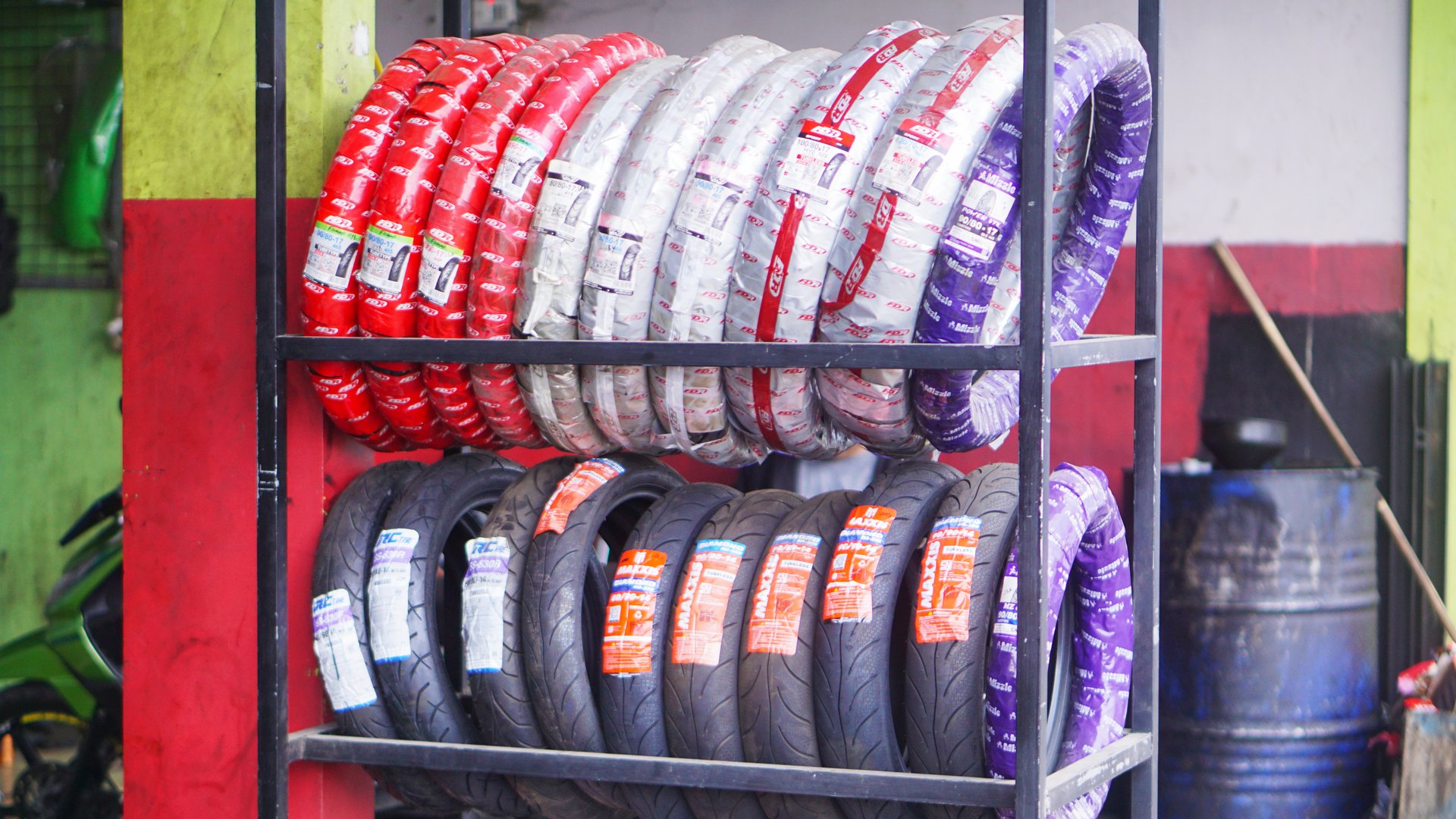 Garut Indonesia - June 07, 2025 workshop that provides various types of new motorcycle tires, in Indonesia
