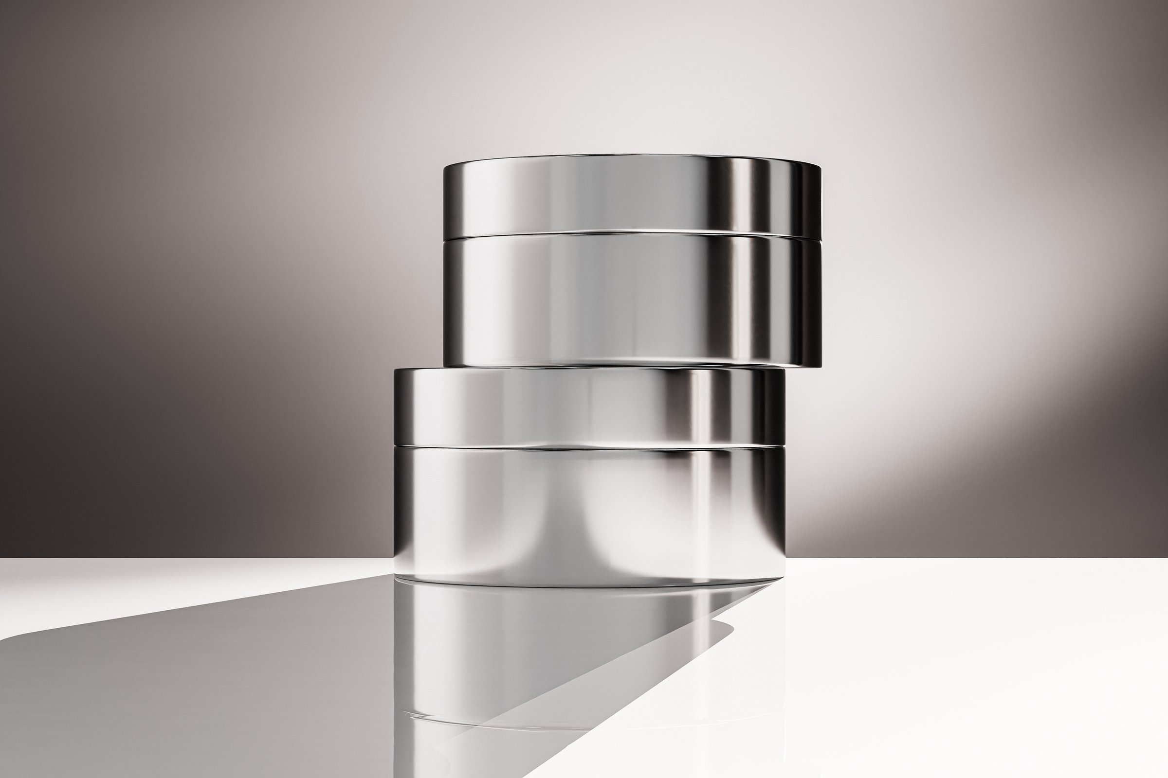 luxury metallic cream jar packaging mockup, skincare jar with electroplated texture, round shape silver electroplating cosmetic packaging, Chrome Electroplated Glass eye cream pod container