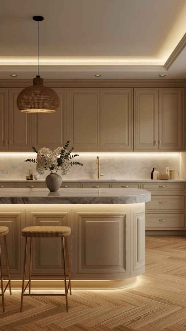 Moderne klassisk kjøkken med varme materialer