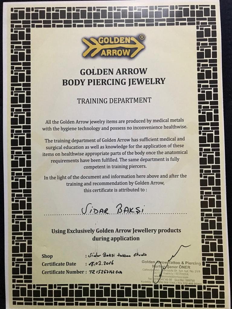 Vücut Piercing Uygulamaları Hijyen ve Güvenlik Sertifikası - Golden Arrow 2016