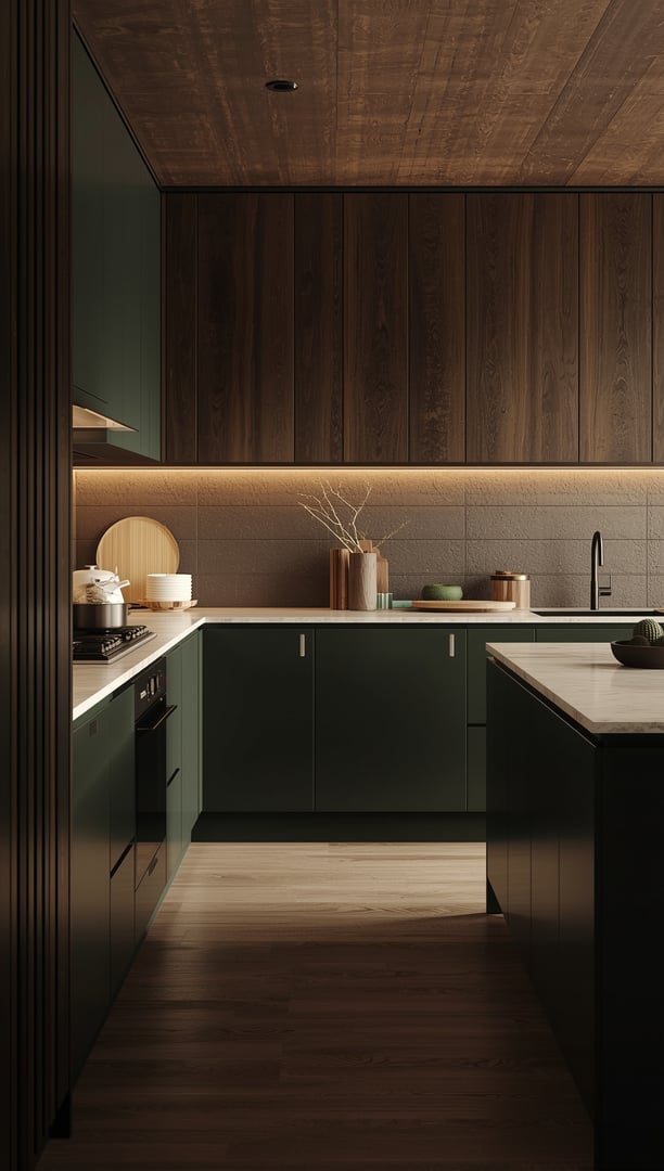 Grønt kjøkken med hvit benkeplate, sorte detaljer og moderne skandinavisk uttrykk.