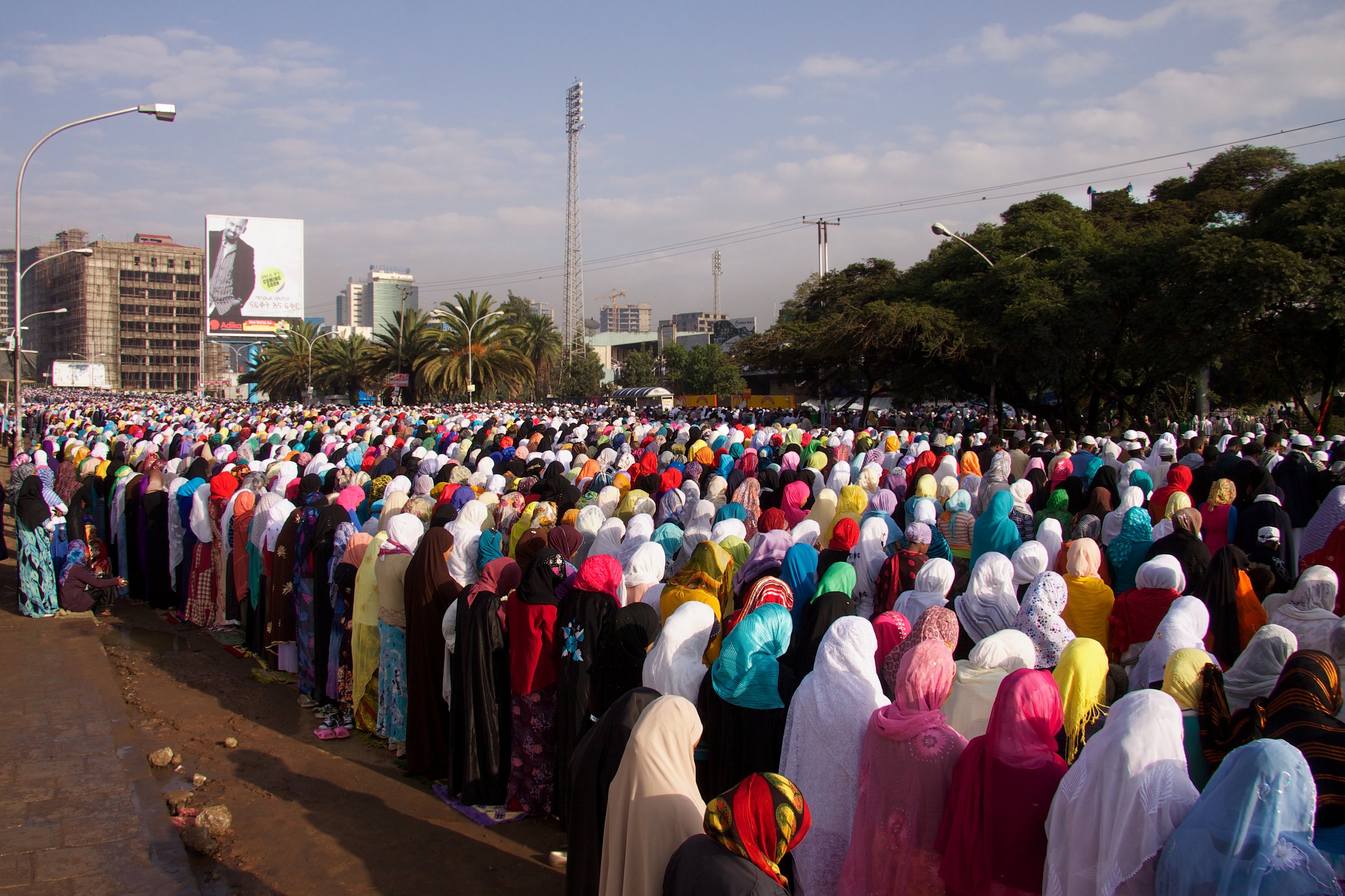 Addis Ababa, Ethiopia - August 19, 2012 : Muslim women are praying in Eid Ul-Fitr morning in Addis Ababa city center.