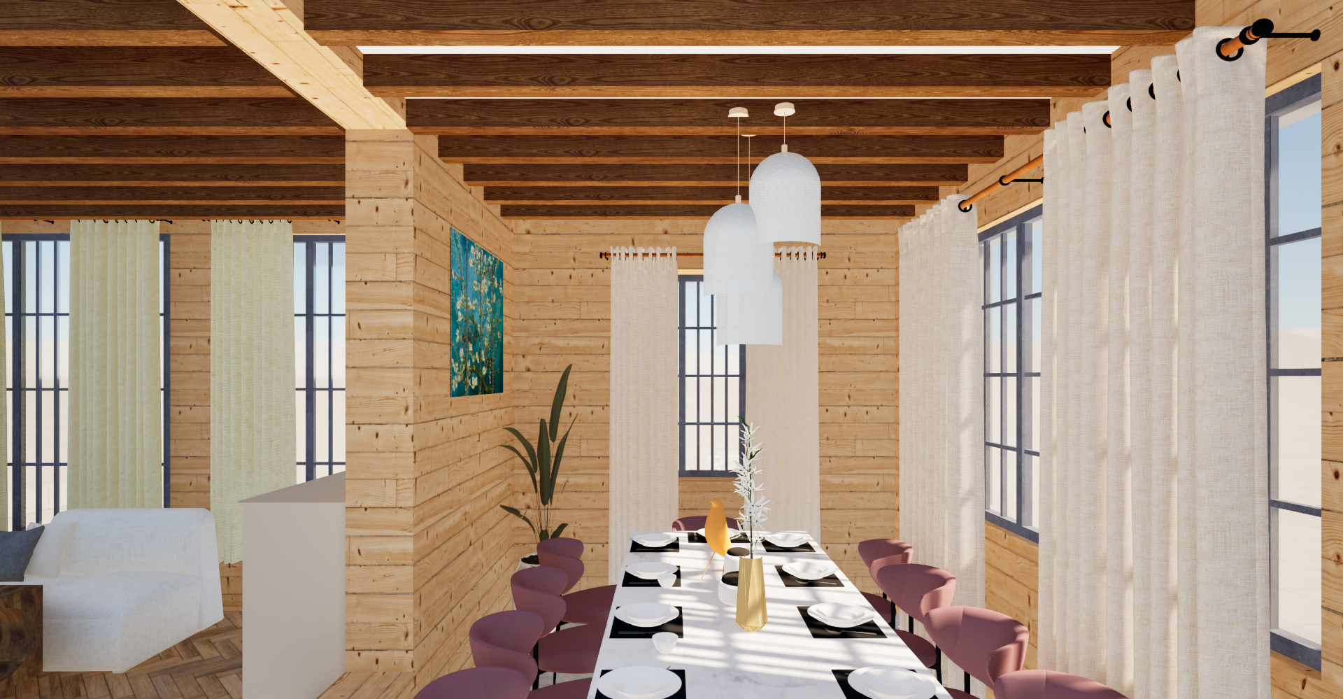 Cozy dining room with wooden walls, large windows, a long table set for dining, and pendant lights above. Artwork on the wall.