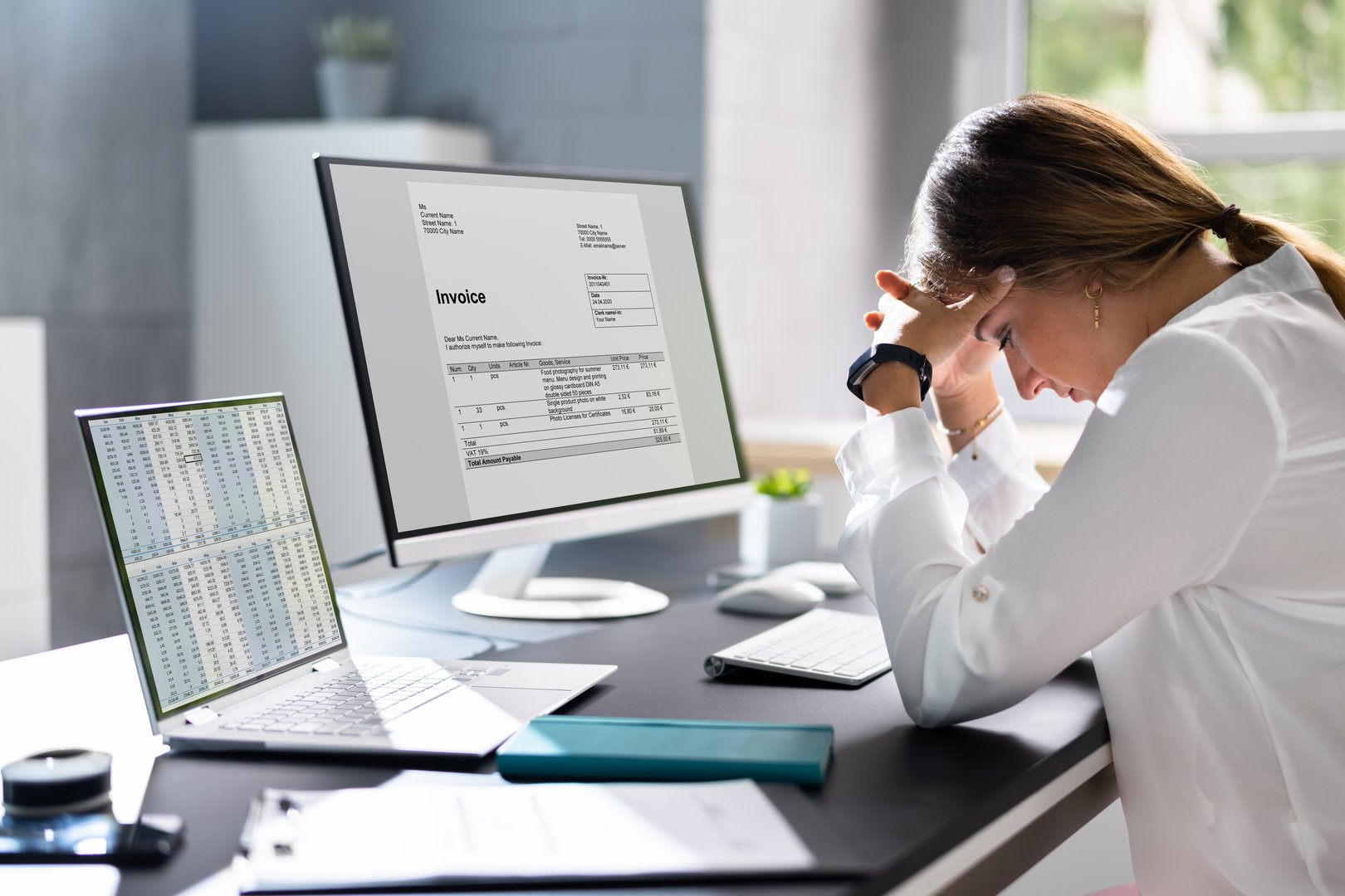 Sad Frustrated Accountant Woman With Invoice Workload